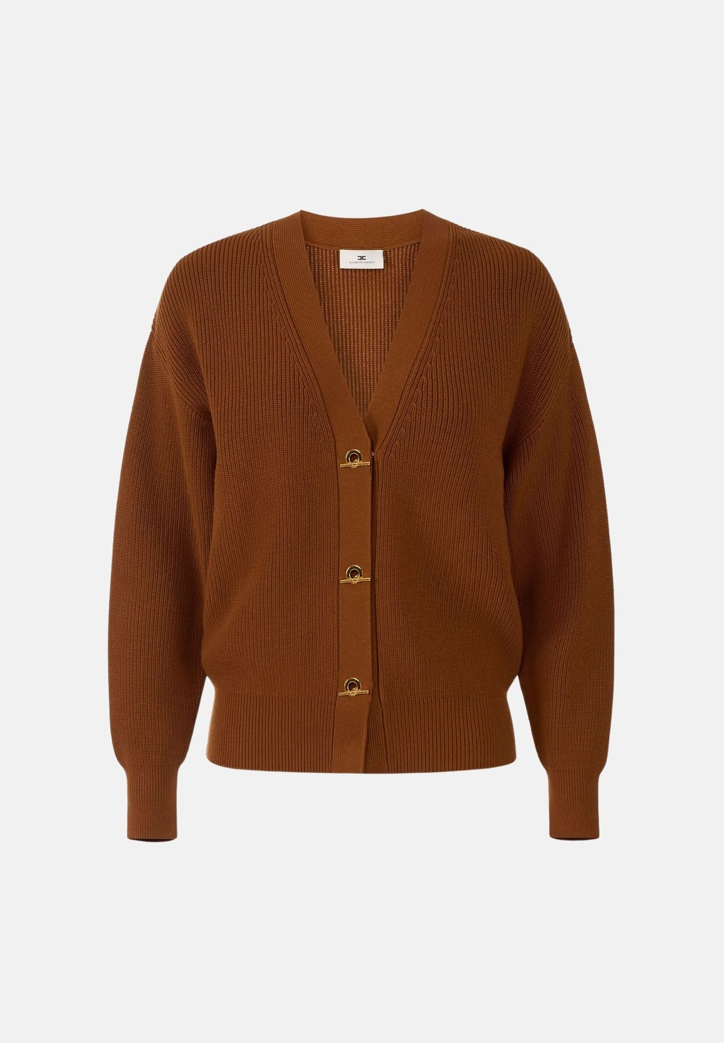 ELISABETTA FRANCHI Cardigan in maglia sigaro marrone da donna con bottoni e chiusure gioiello MK01S66E2 FK3 ELISABETTA FRANCHI