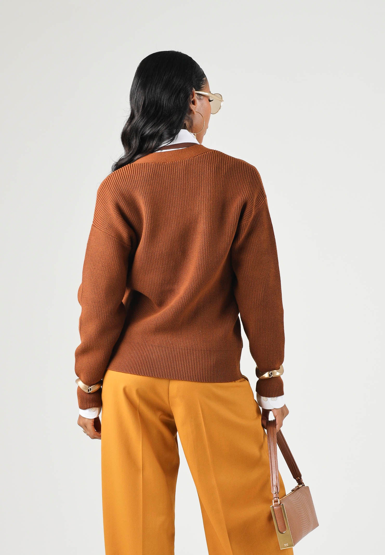 ELISABETTA FRANCHI Cardigan in maglia sigaro marrone da donna con bottoni e chiusure gioiello MK01S66E2 FK3 ELISABETTA FRANCHI