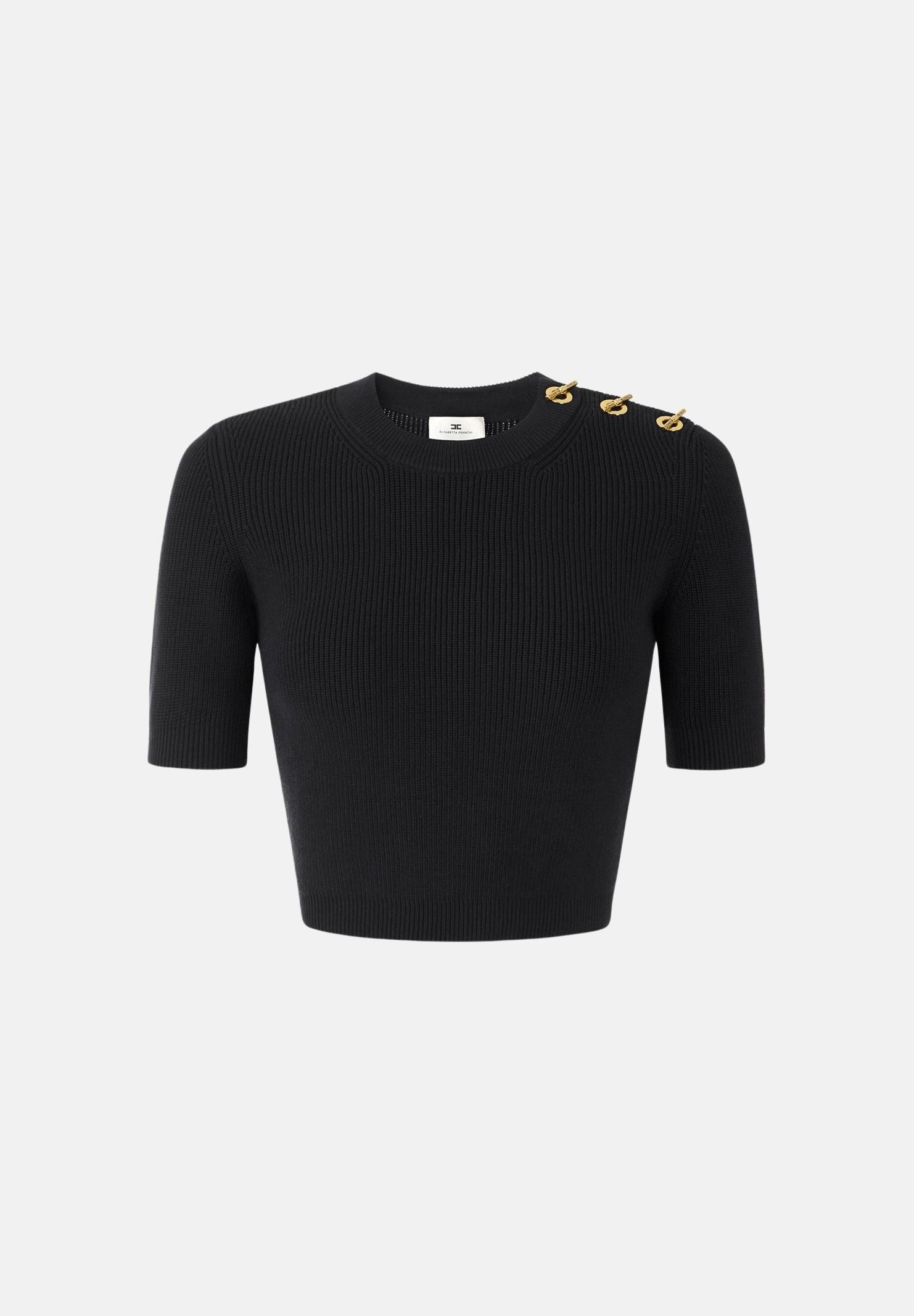 ELISABETTA FRANCHI Top in maglia nero da donna con applicazioni gioiello sulla spalla.<BR/> MK02S66E2 110 ELISABETTA FRANCHI