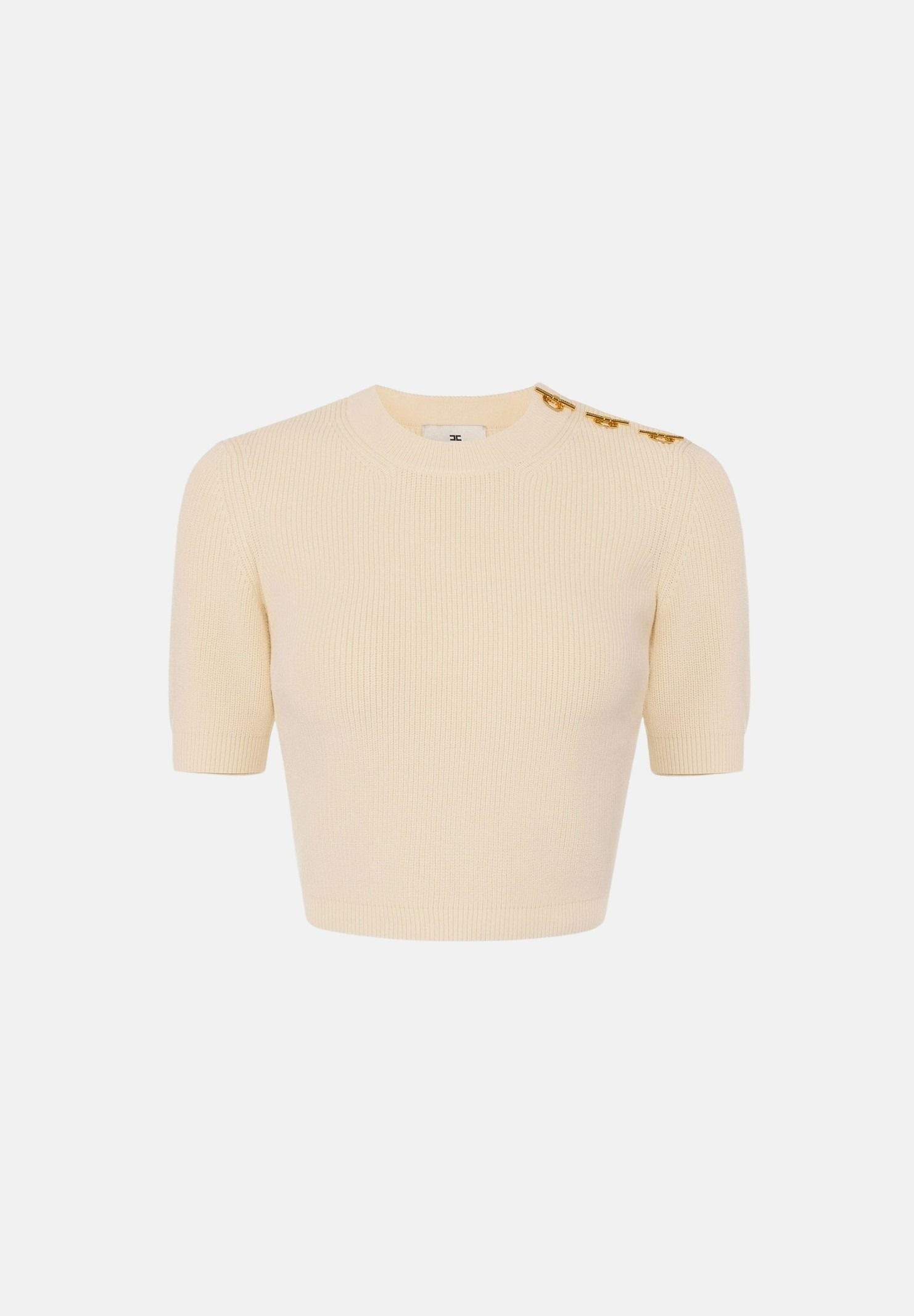 ELISABETTA FRANCHI Top in maglia burro da donna con applicazioni gioiello sulla spalla. MK02S66E2 193 ELISABETTA FRANCHI
