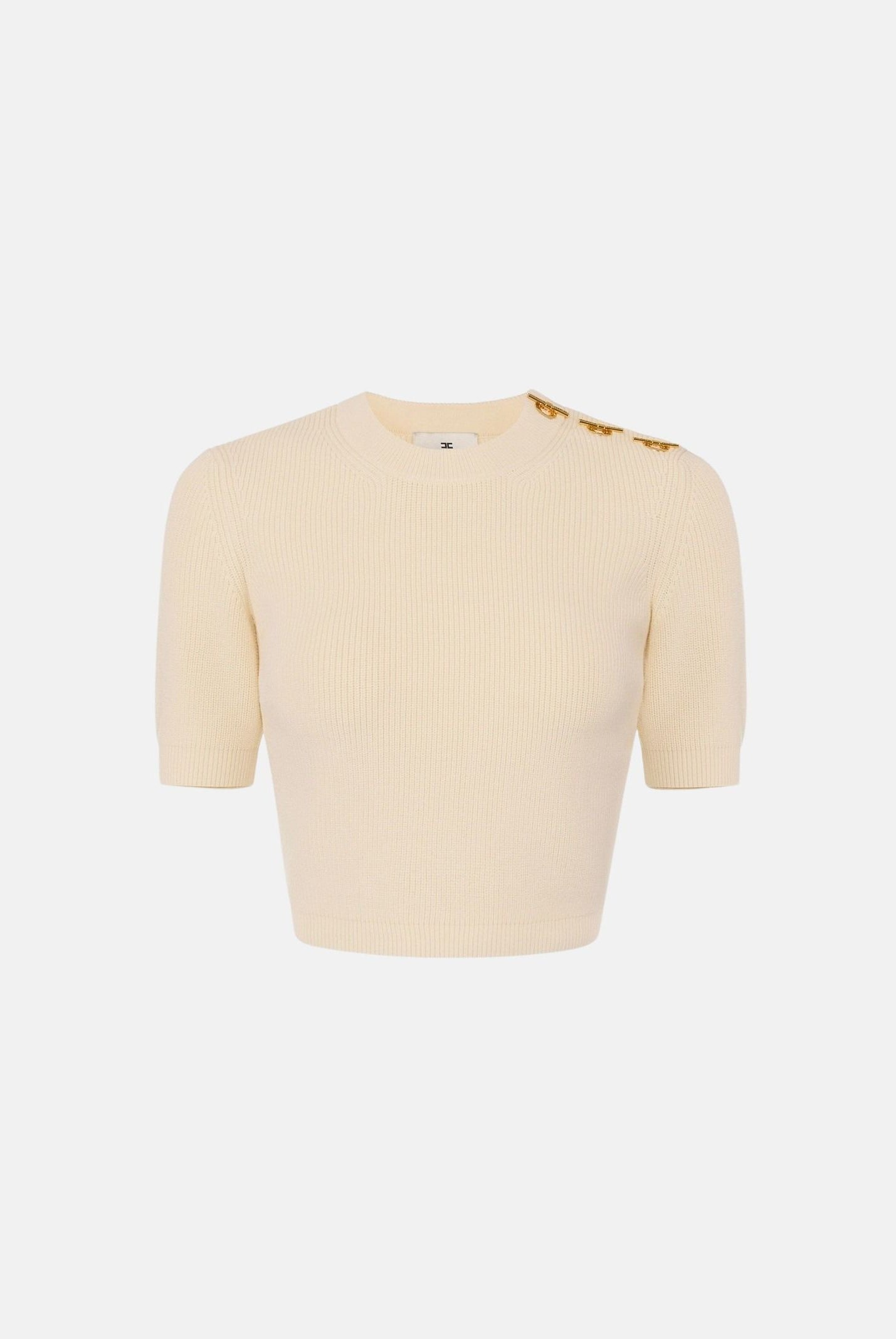 ELISABETTA FRANCHI Top in maglia burro da donna con applicazioni gioiello sulla spalla. MK02S66E2 193 ELISABETTA FRANCHI