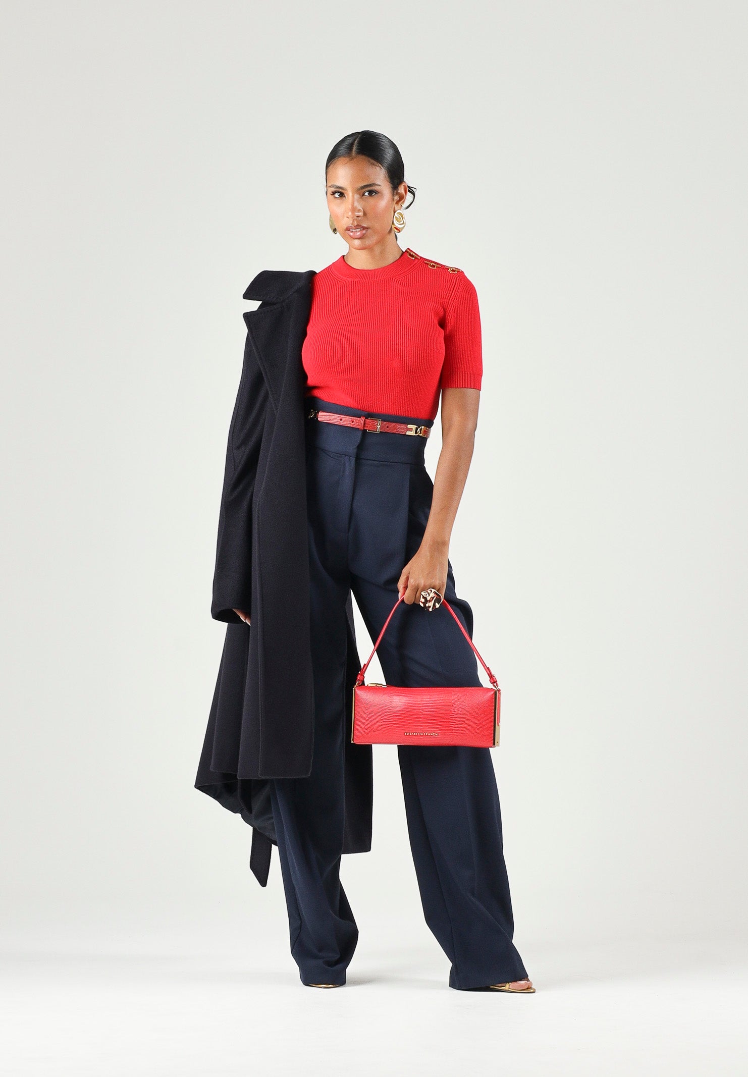 ELISABETTA FRANCHI Top in maglia red passion rosso da donna con applicazioni gioiello sulla spalla. MK02S66E2 CG5 ELISABETTA FRANCHI