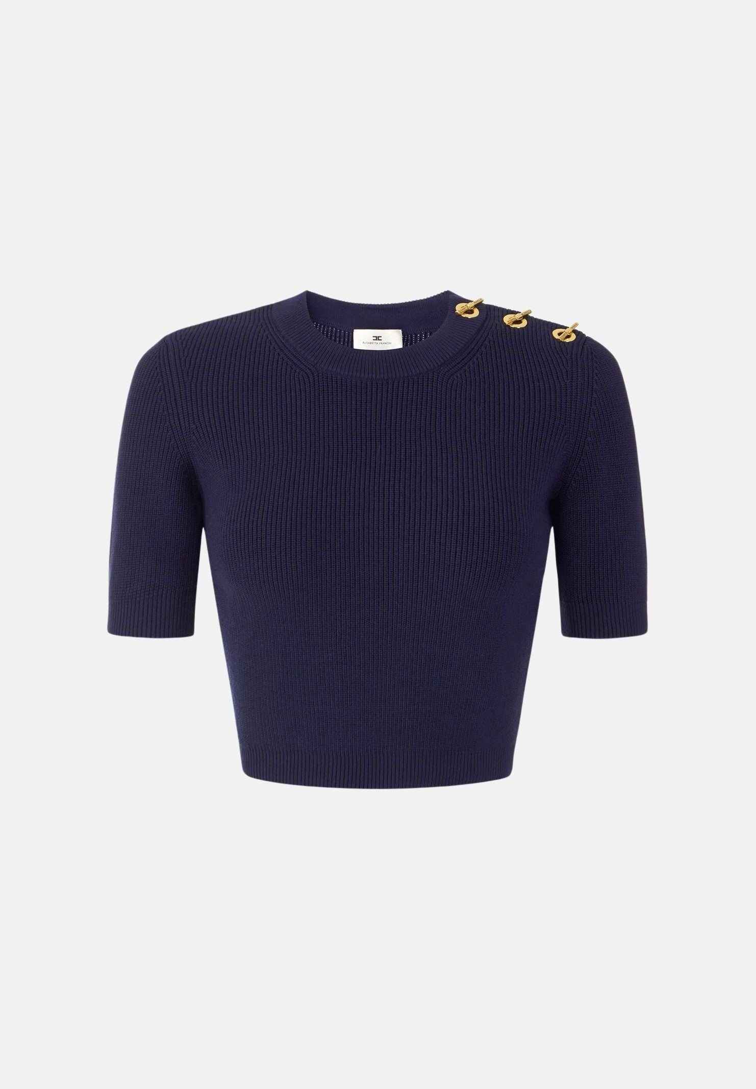 ELISABETTA FRANCHI Top in maglia blu notte da donna con applicazioni gioiello sulla spalla. MK02S66E2 H88 ELISABETTA FRANCHI