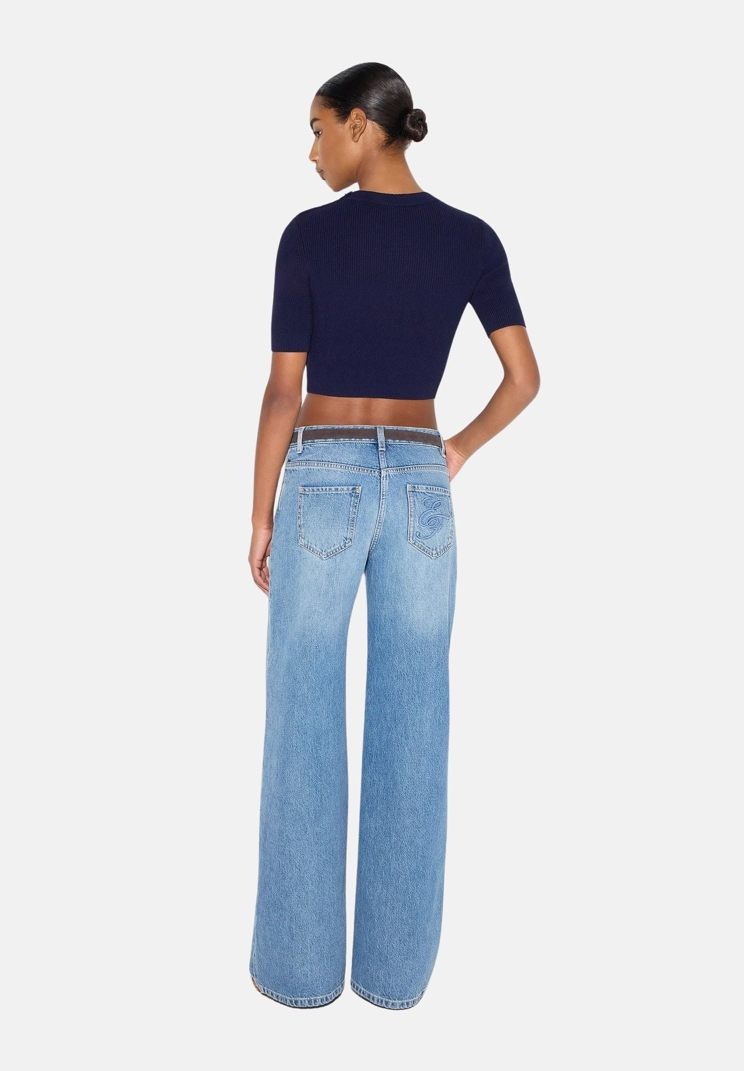 ELISABETTA FRANCHI Top in maglia blu notte da donna con applicazioni gioiello sulla spalla. MK02S66E2 H88 ELISABETTA FRANCHI