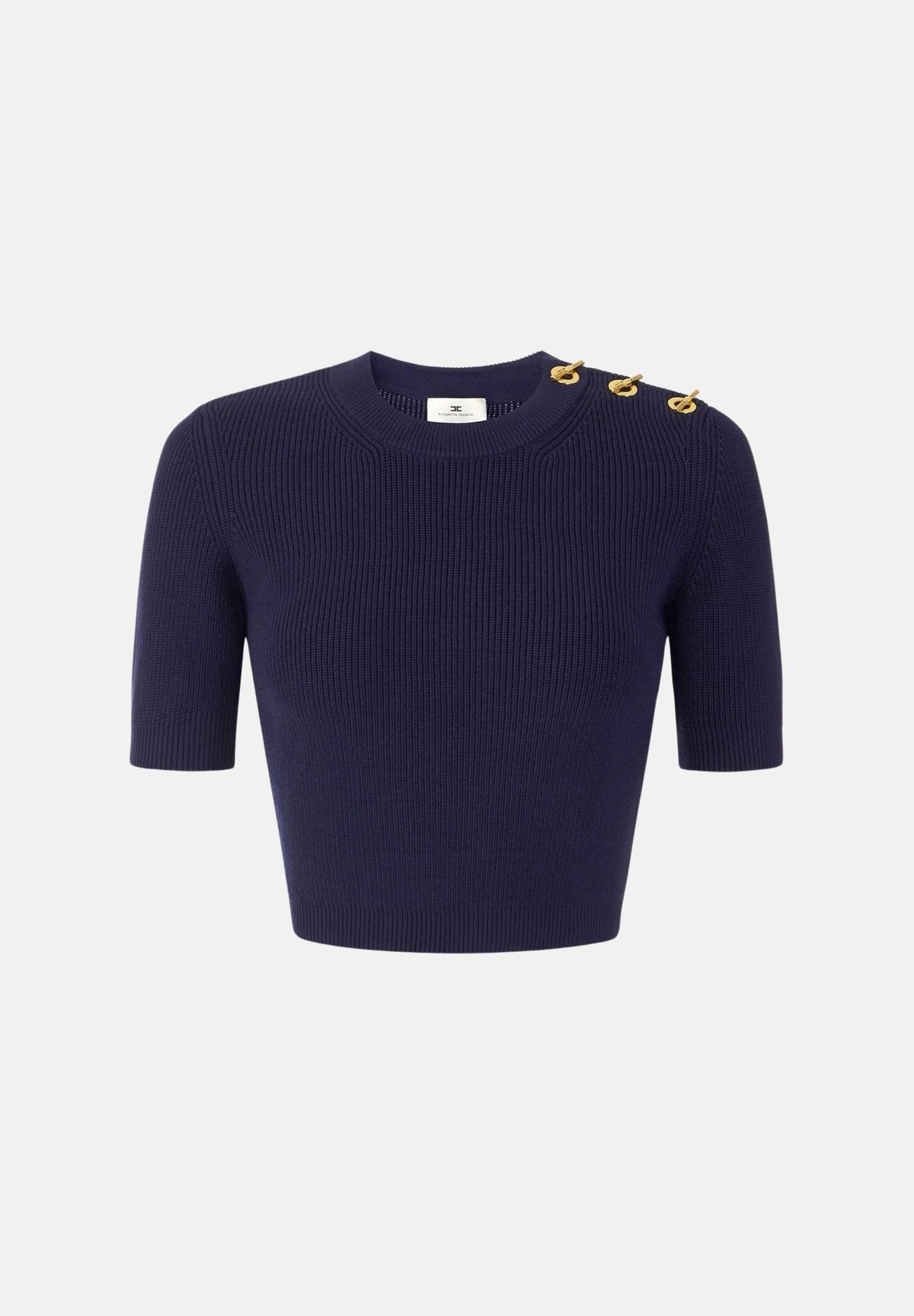 ELISABETTA FRANCHI Top in maglia blu notte da donna con applicazioni gioiello sulla spalla. MK02S66E2 H88 ELISABETTA FRANCHI