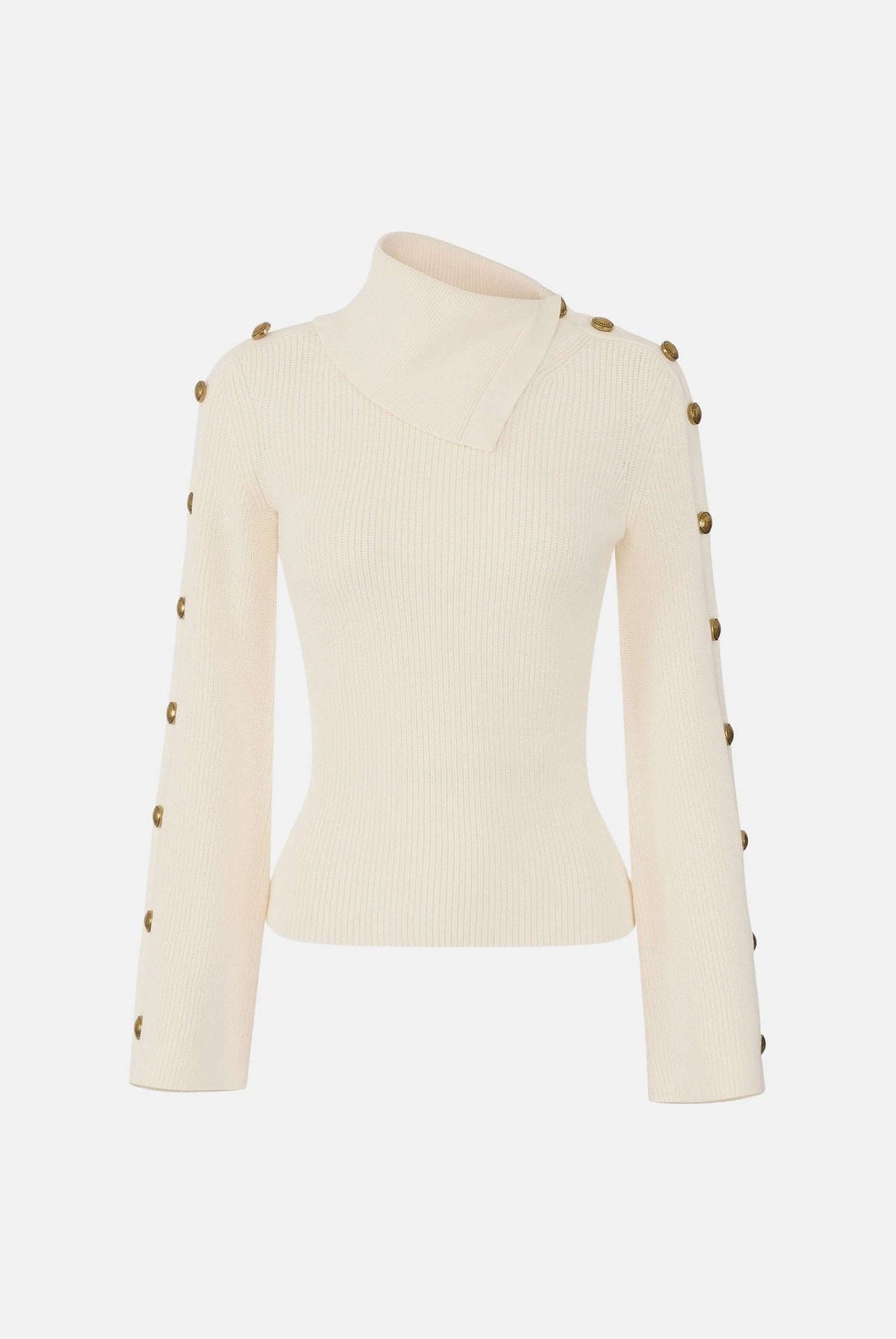 ELISABETTA FRANCHI Maglia con collo asimmetrico, color burro-crema da donna con bottoni gioiello dorati<BR/> MK03S66E2 193 ELISABETTA FRANCHI