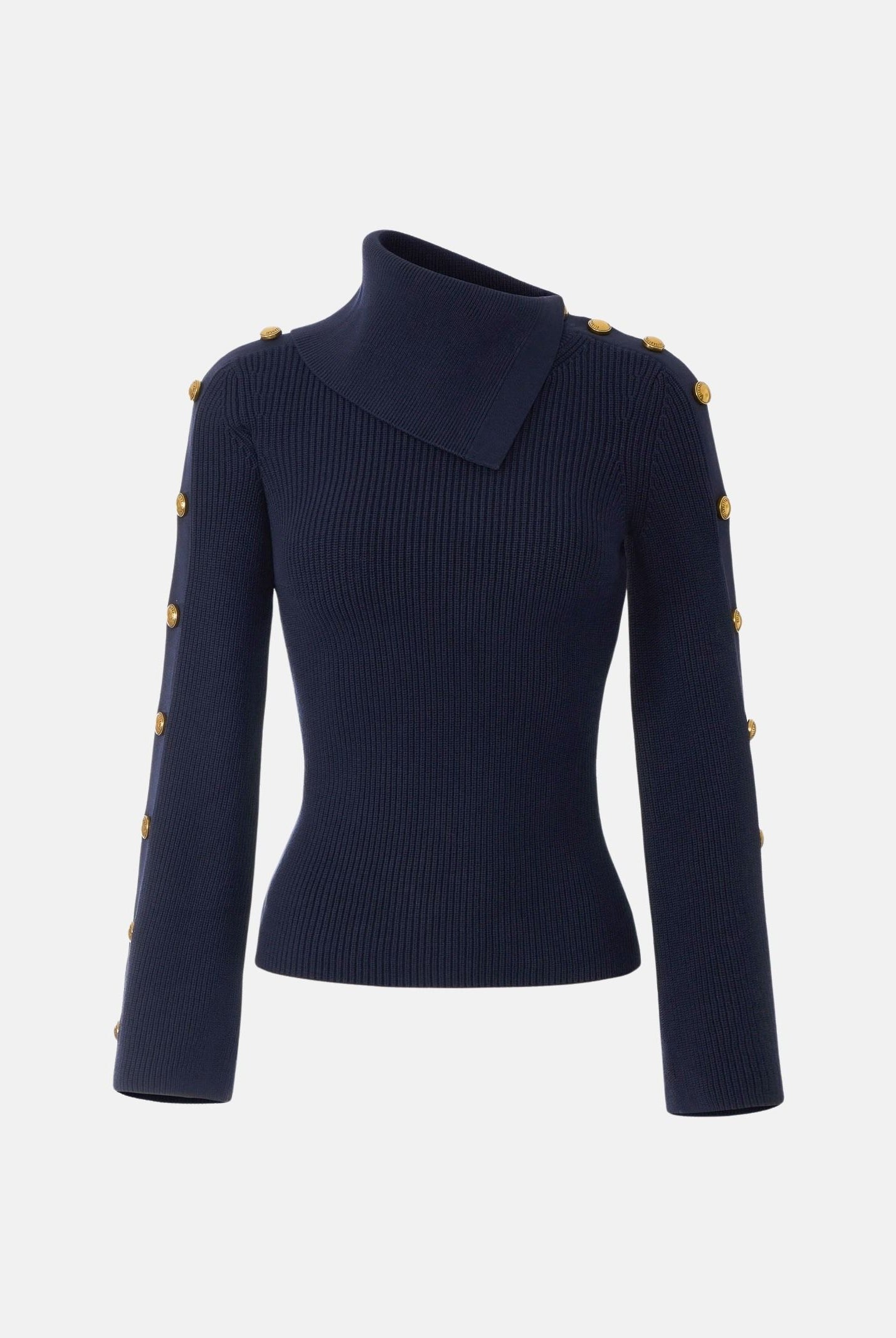 ELISABETTA FRANCHI Maglia con collo asimmetrico e bottoni gioiello Blu notte, blu scuro, donna. MK03S66E2 H88 ELISABETTA FRANCHI