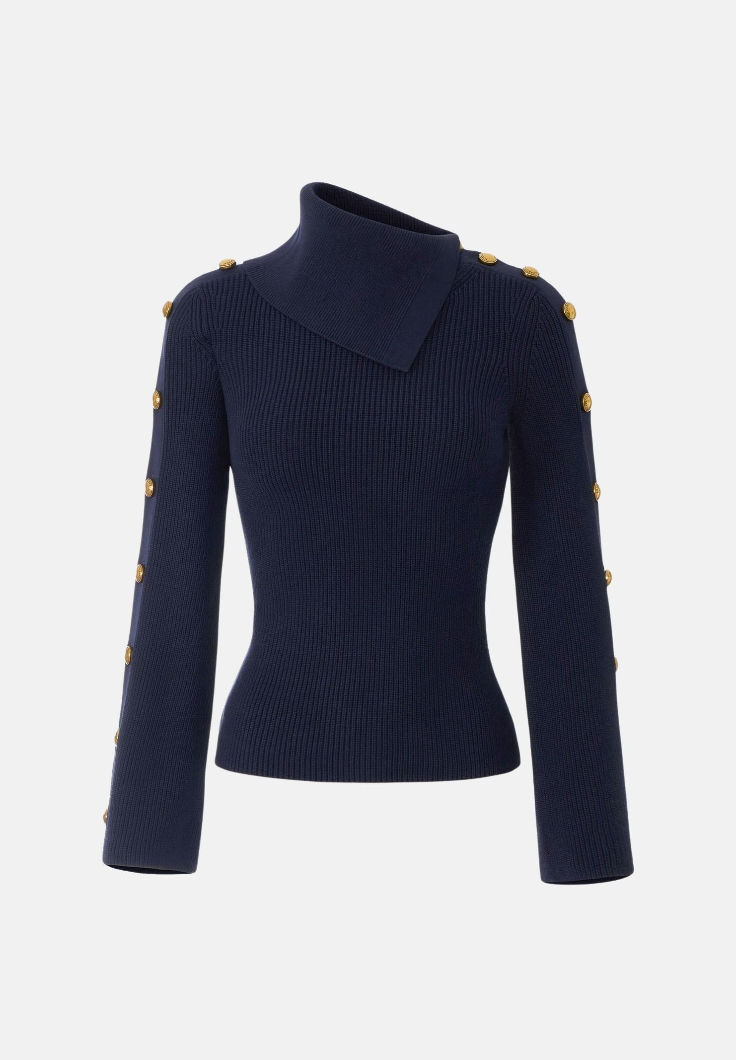 ELISABETTA FRANCHI Maglia con collo asimmetrico blu notte da donna con bottoni gioiello dorati<BR/> MK03S66E2 H88 ELISABETTA FRANCHI