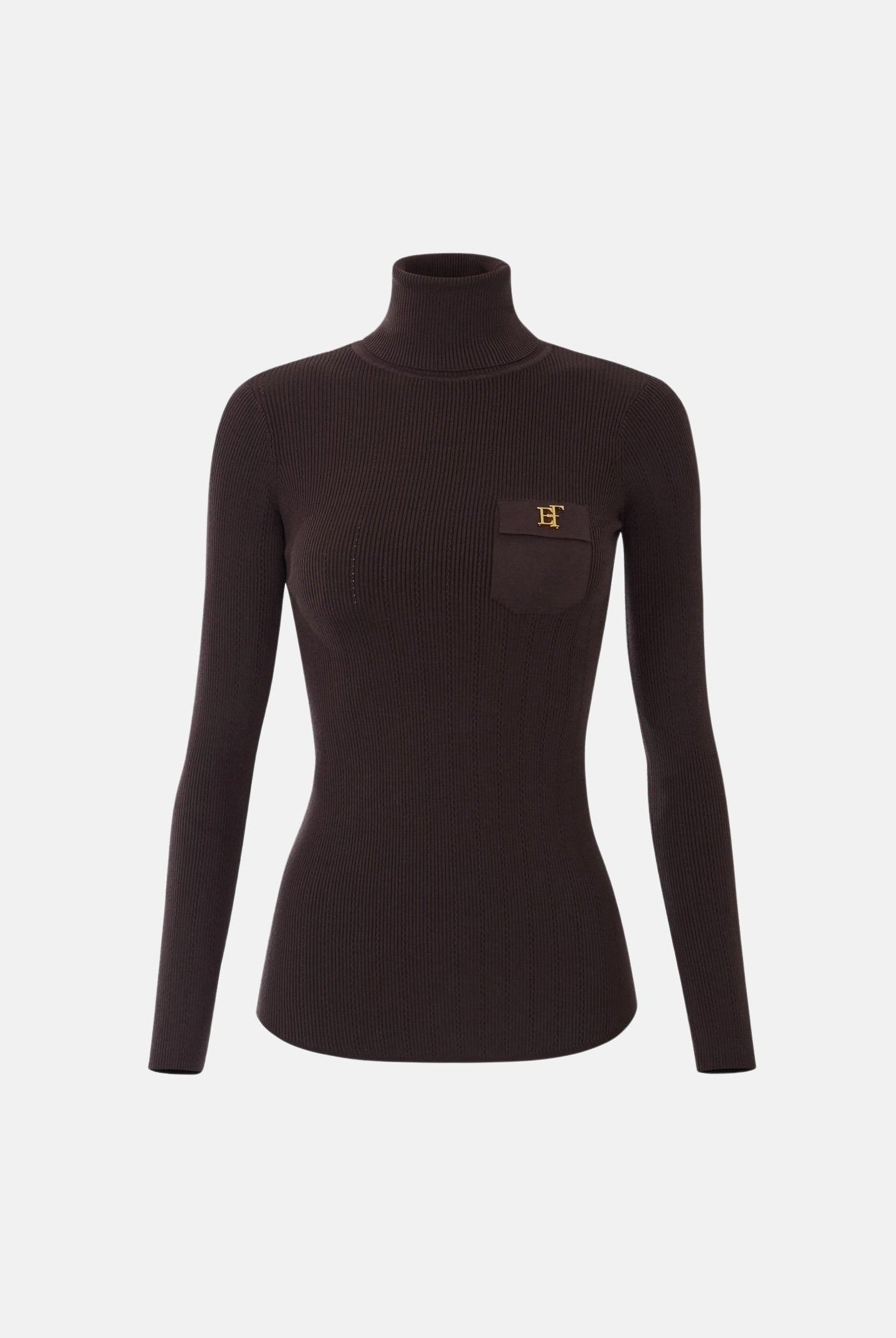 ELISABETTA FRANCHI Dolcevita in maglia dark chocolate marrone CON RICAMI À JOUR<BR/> MK05B66E2 EV9 ELISABETTA FRANCHI