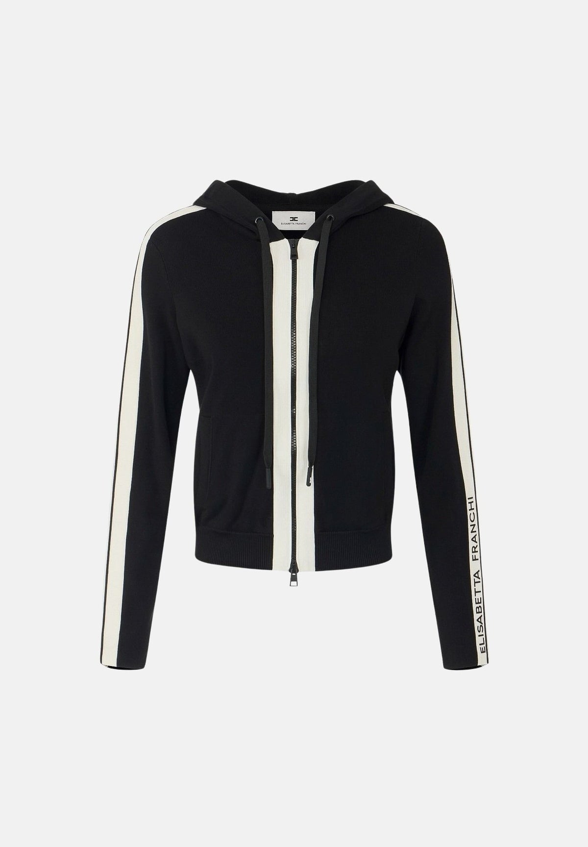 ELISABETTA FRANCHI Felpa in maglia bicolore nero e burro da donna con cappuccio e dettagli a contrasto. MK15S66E2 685 ELISABETTA FRANCHI