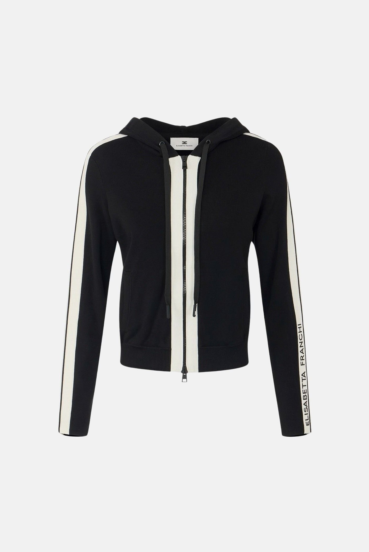 ELISABETTA FRANCHI Felpa in maglia bicolore nero e burro da donna con cappuccio e dettagli a contrasto. MK15S66E2 685 ELISABETTA FRANCHI