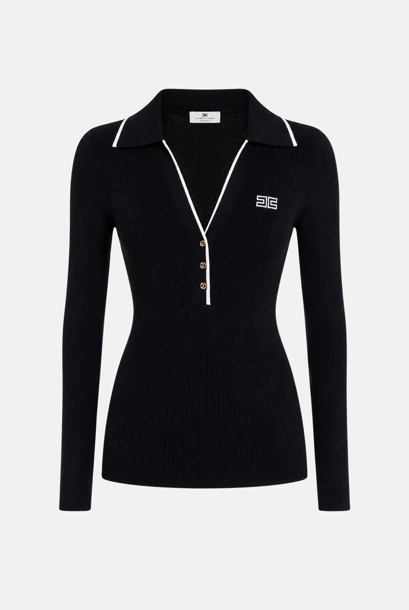 ELISABETTA FRANCHI Polo in lana a costine da donna, colore nero dettagli burro da donna con zip e logo sul petto MK17B66E2 685 ELISABETTA FRANCHI