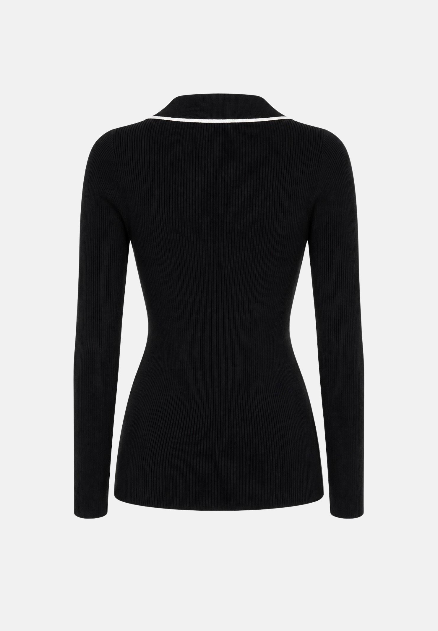 ELISABETTA FRANCHI Polo in lana a costine da donna, colore nero dettagli burro da donna con zip e logo sul petto MK17B66E2 685 ELISABETTA FRANCHI