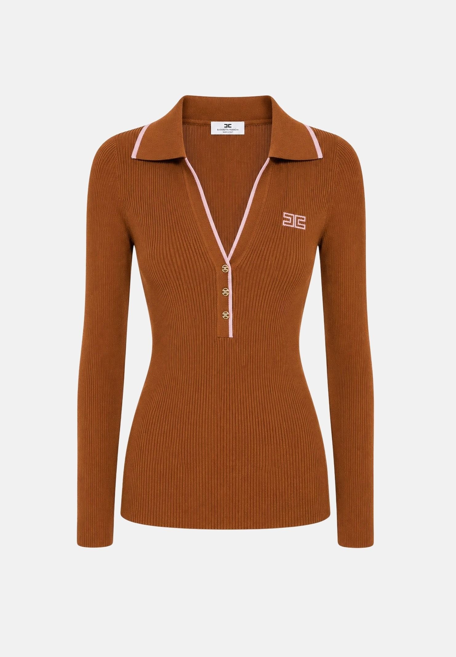ELISABETTA FRANCHI Polo in lana color tabacco con dettagli rosa nude da donna con logo sul petto MK17B66E2 FQ4 ELISABETTA FRANCHI