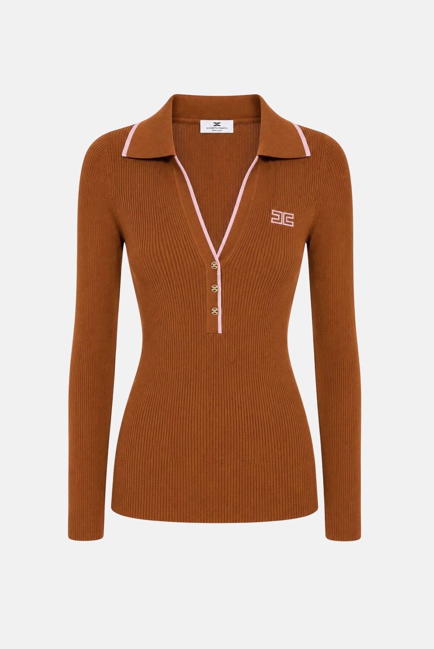 ELISABETTA FRANCHI Polo in lana color tabacco con dettagli rosa nude da donna con logo sul petto MK17B66E2 FQ4 ELISABETTA FRANCHI
