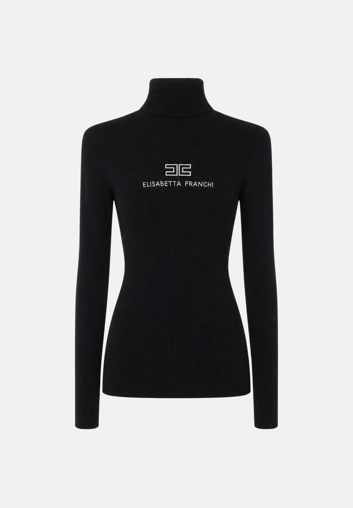 ELISABETTA FRANCHI Dolcevita nero dettagli burro, da donna <BR/>con logo e lettering a contrasto sul petto. MK18B66E2 685 ELISABETTA FRANCHI