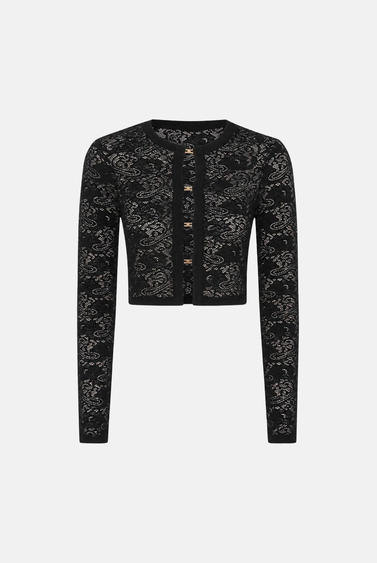 ELISABETTA FRANCHI Cardigan corto nero da donna con motivo floreale effetto pizzo e trasparenze. MK29Q66E2 FR9 ELISABETTA FRANCHI