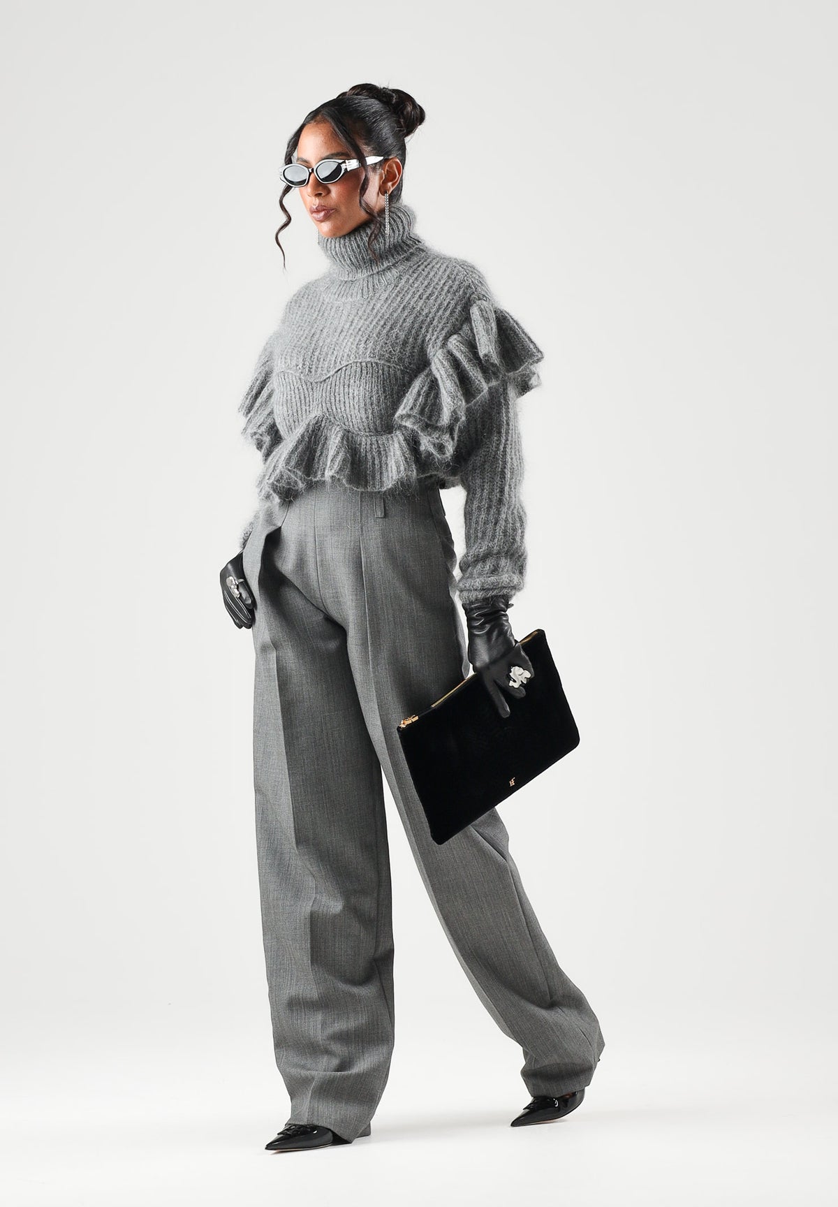 ELISABETTA FRANCHI Maglione collo alto grigio melange per donna con voluminose balze sulle maniche MK43T67E2 431 ELISABETTA FRANCHI