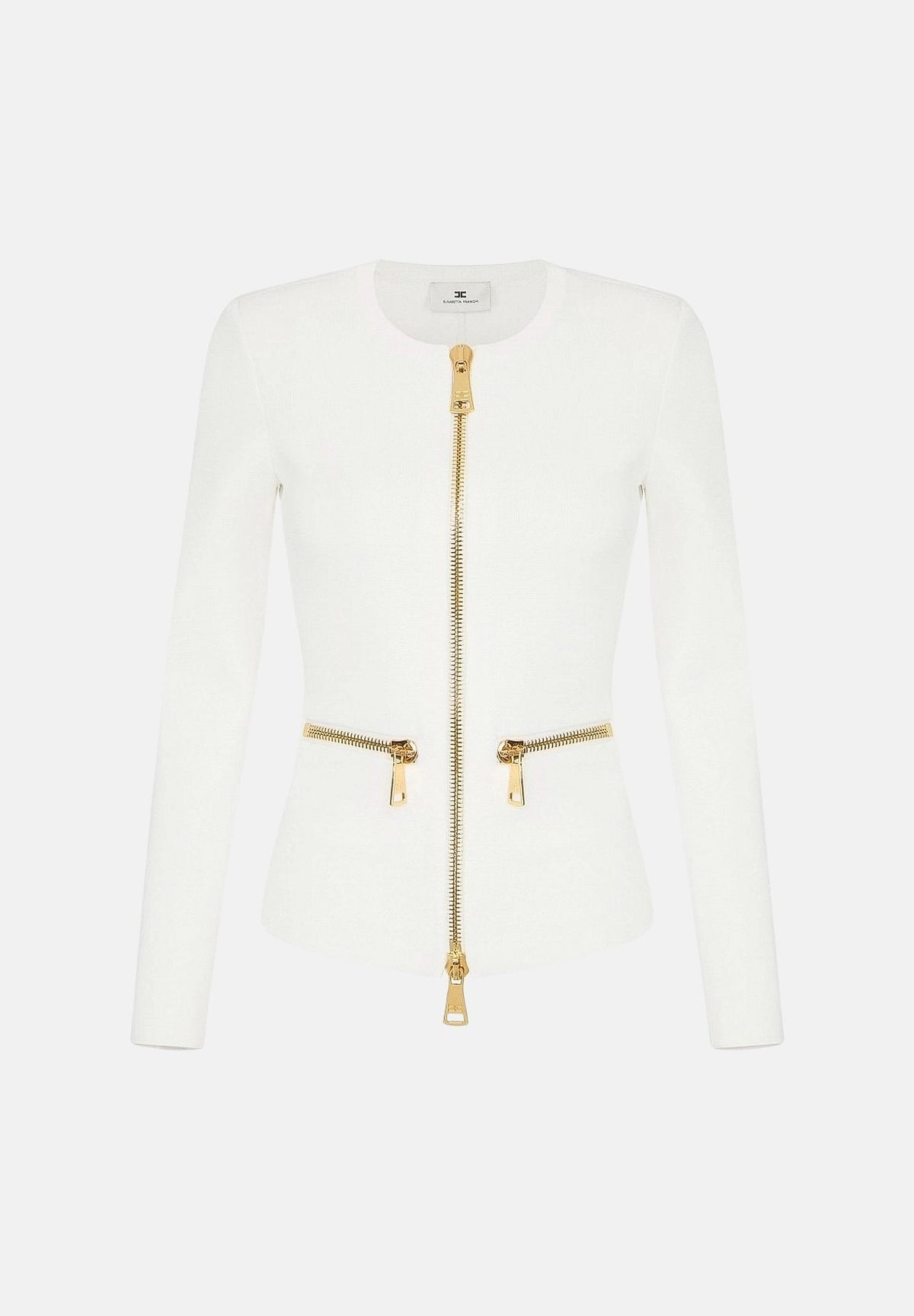 ELISABETTA FRANCHI Cardigan in maglia avorio-burro da donna con dettagli zip in metallo dorato. MK68B66E2 360 ELISABETTA FRANCHI