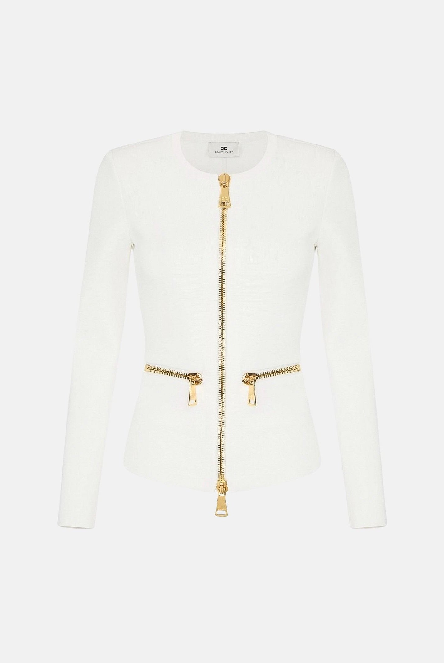 ELISABETTA FRANCHI Cardigan in maglia avorio-burro da donna con dettagli zip in metallo dorato. MK68B66E2 360 ELISABETTA FRANCHI