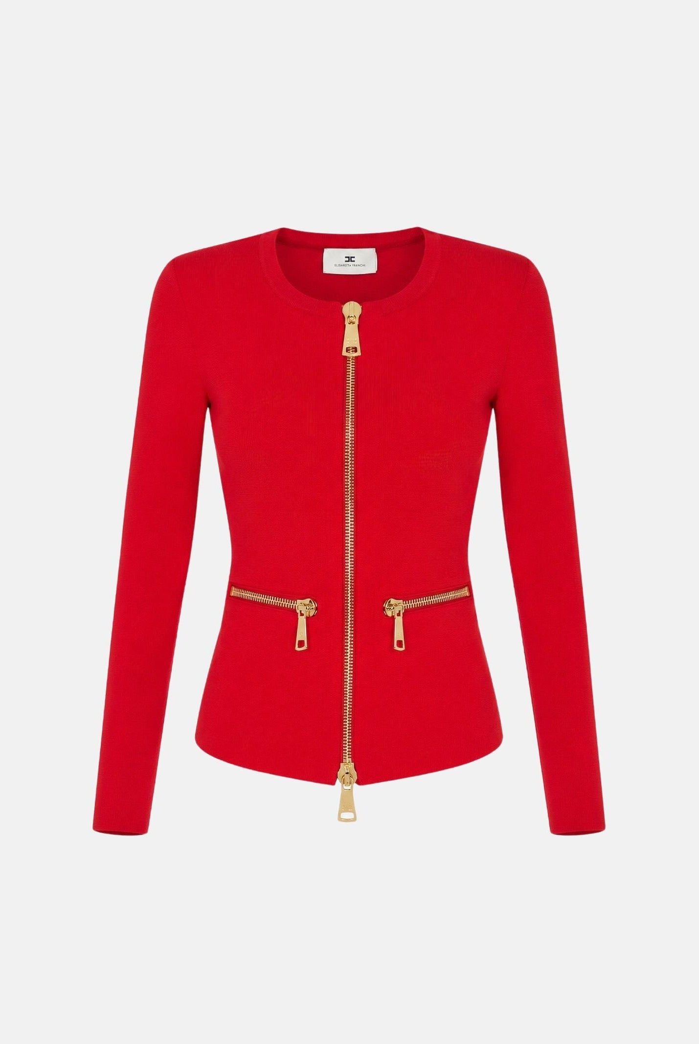 ELISABETTA FRANCHI Cardigan in maglia red-passion rosso da donna con dettagli zip in metallo dorato.<BR/> MK68B66E2 CG5 ELISABETTA FRANCHI