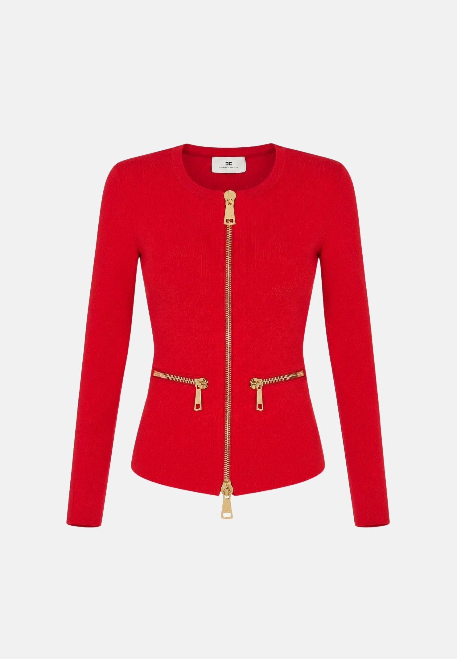 ELISABETTA FRANCHI Cardigan in maglia red-passion rosso da donna con dettagli zip in metallo dorato.<BR/> MK68B66E2 CG5 ELISABETTA FRANCHI