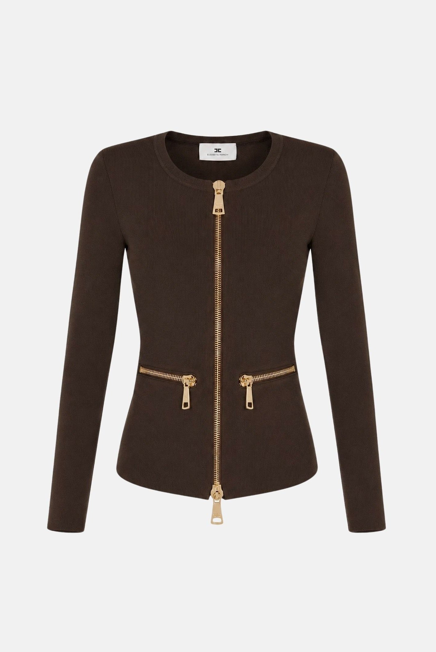 ELISABETTA FRANCHI Cardigan in maglia coffè-marrone da donna con dettagli zip in metallo dorato. MK68B66E2 EV9 ELISABETTA FRANCHI