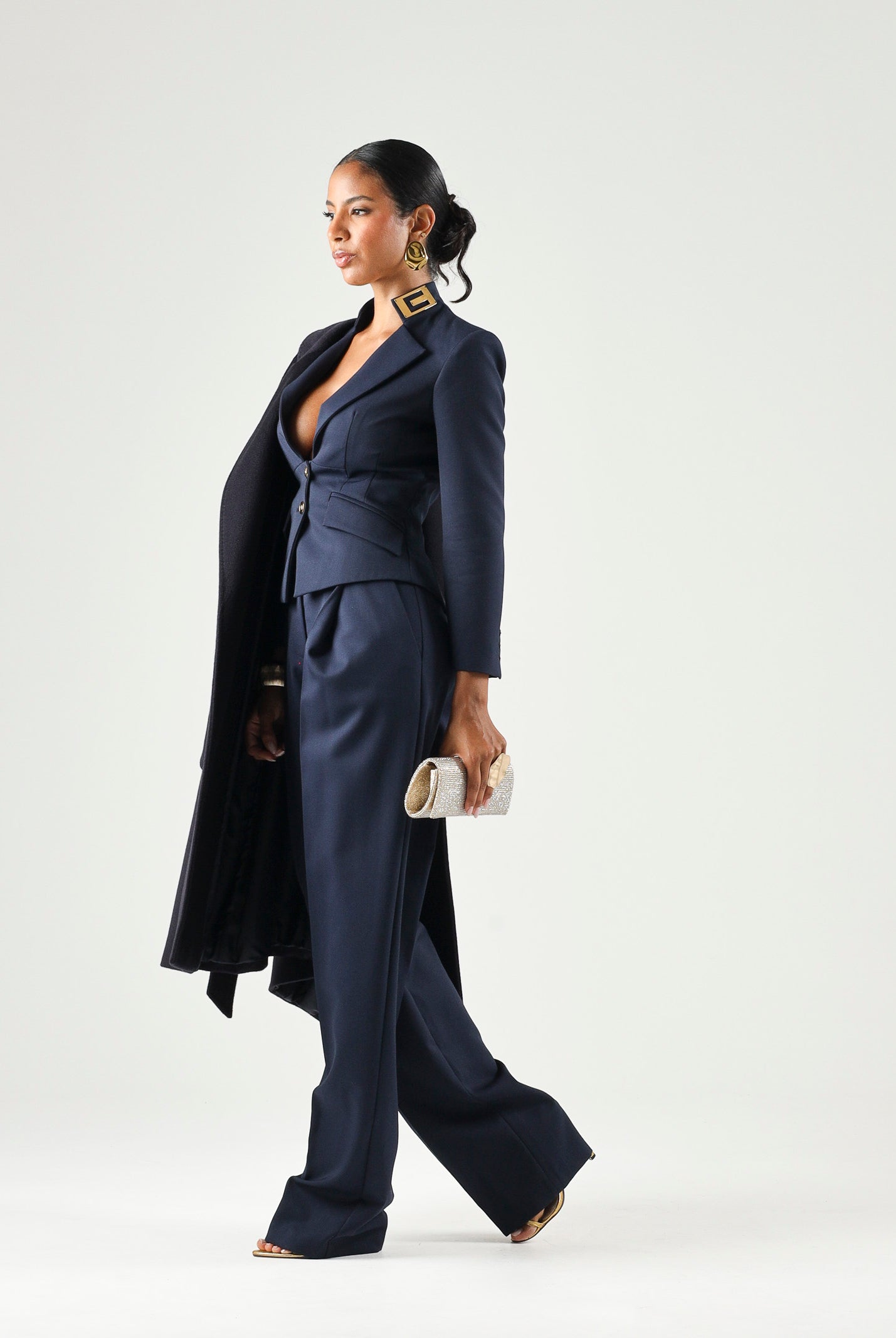 ELISABETTA FRANCHI Pantaloni in GABARDINA navy-blu da donna con linea ampia e piega stirata frontale<BR/> PA17966E2 B75 ELISABETTA FRANCHI