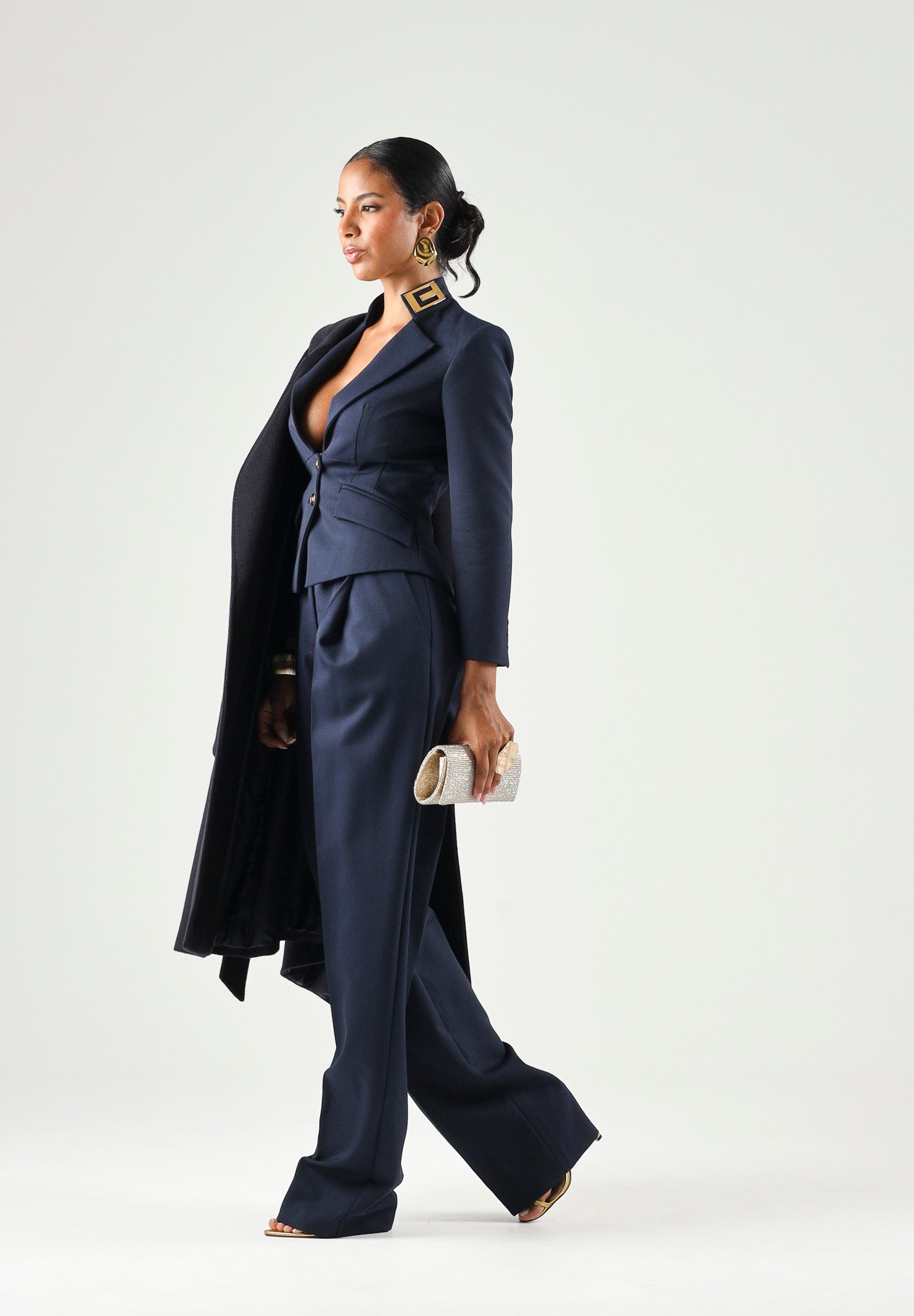 ELISABETTA FRANCHI Pantaloni in GABARDINA navy-blu da donna con linea ampia e piega stirata frontale<BR/> PA17966E2 B75 ELISABETTA FRANCHI
