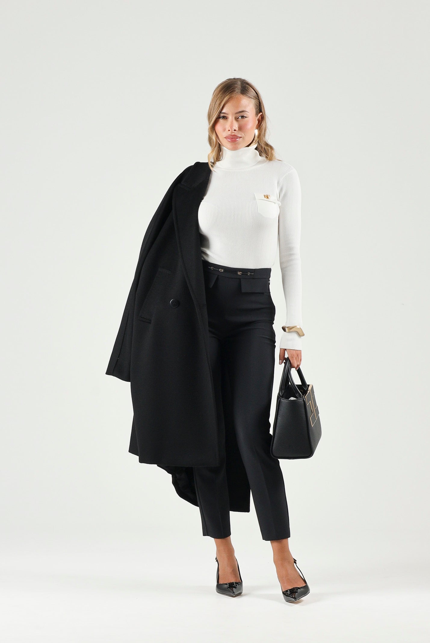 ELISABETTA FRANCHI Pantalone IN DOPPIO CRÊPE STRETCH nero da donna con morsetto logo PA19566E2 110 ELISABETTA FRANCHI