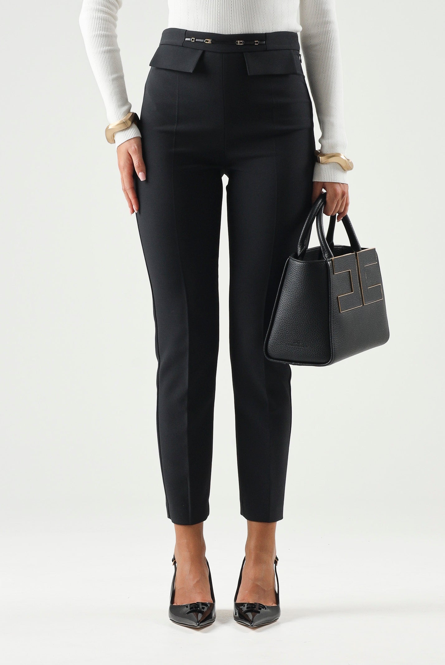 ELISABETTA FRANCHI Pantalone IN DOPPIO CRÊPE STRETCH nero da donna con morsetto logo PA19566E2 110 ELISABETTA FRANCHI
