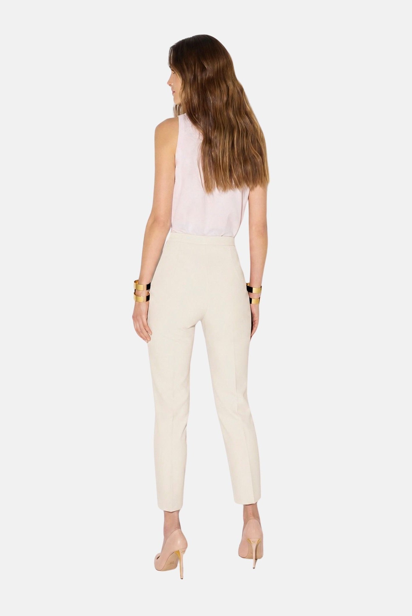 ELISABETTA FRANCHI Pantaloni IN DOPPIO CRÊPE STRETCH Avorio- burro da donna con accessorio morsetto logato PA19566E2 360 ELISABETTA FRANCHI
