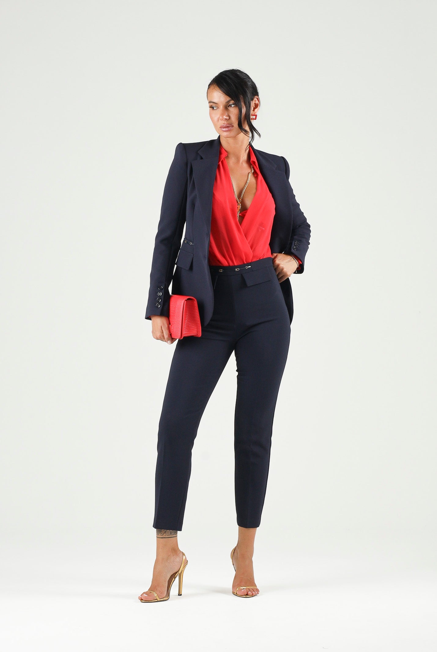 ELISABETTA FRANCHI Pantalone IN DOPPIO CRÊPE STRETCH blu da donna con morsetto logo PA19566E2 H88 ELISABETTA FRANCHI