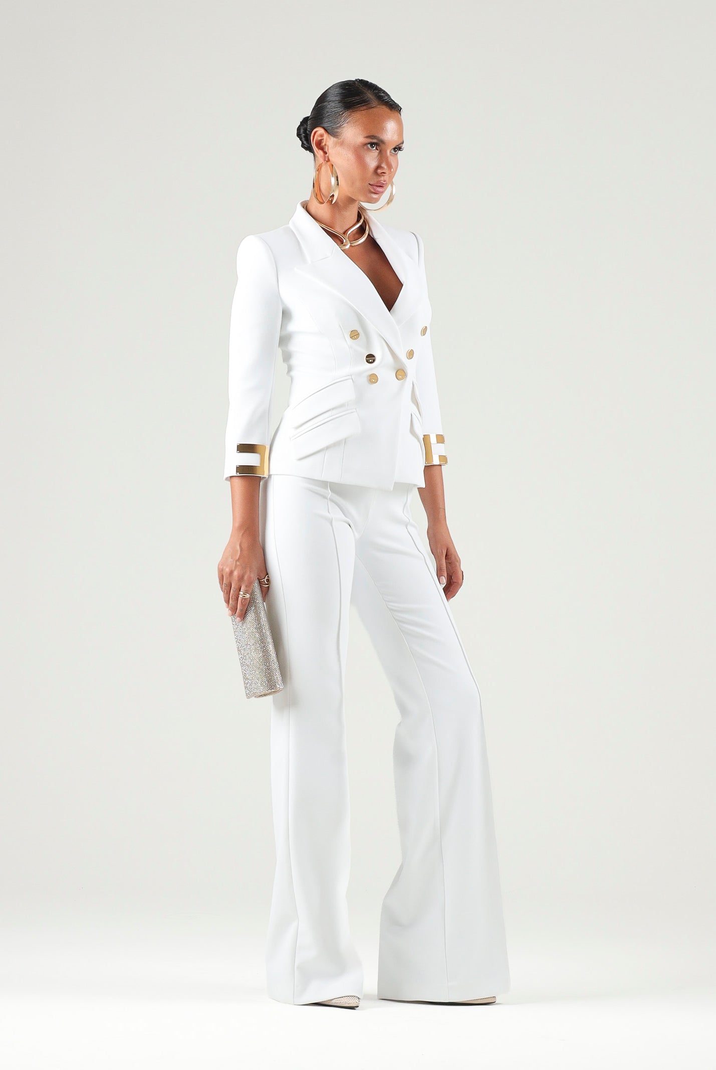 ELISABETTA FRANCHI Pantalone IN DOPPIO CRÊPE STRETCH avorio da donna con morsetto logo PA19666E2 360 ELISABETTA FRANCHI