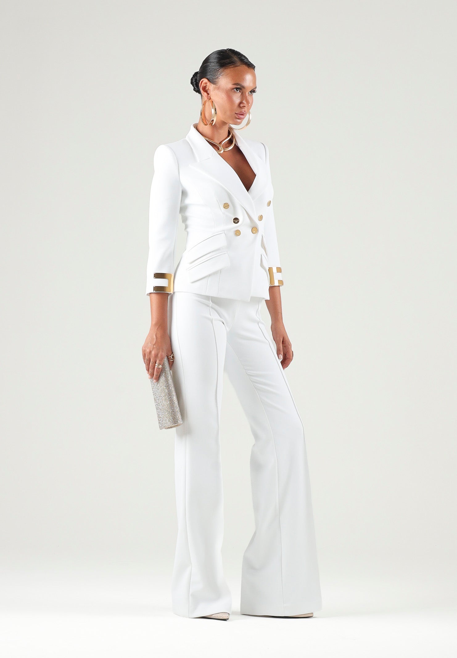 ELISABETTA FRANCHI Pantalone IN DOPPIO CRÊPE STRETCH avorio da donna con morsetto logo PA19666E2 360 ELISABETTA FRANCHI