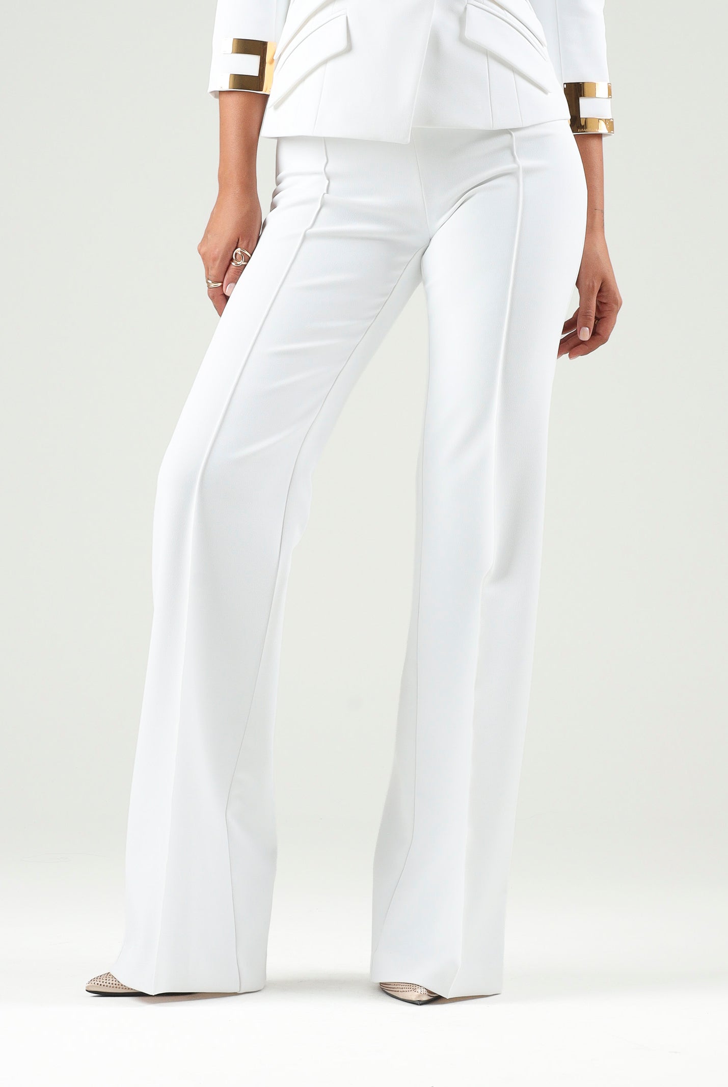 ELISABETTA FRANCHI Pantalone IN DOPPIO CRÊPE STRETCH avorio da donna con morsetto logo PA19666E2 360 ELISABETTA FRANCHI