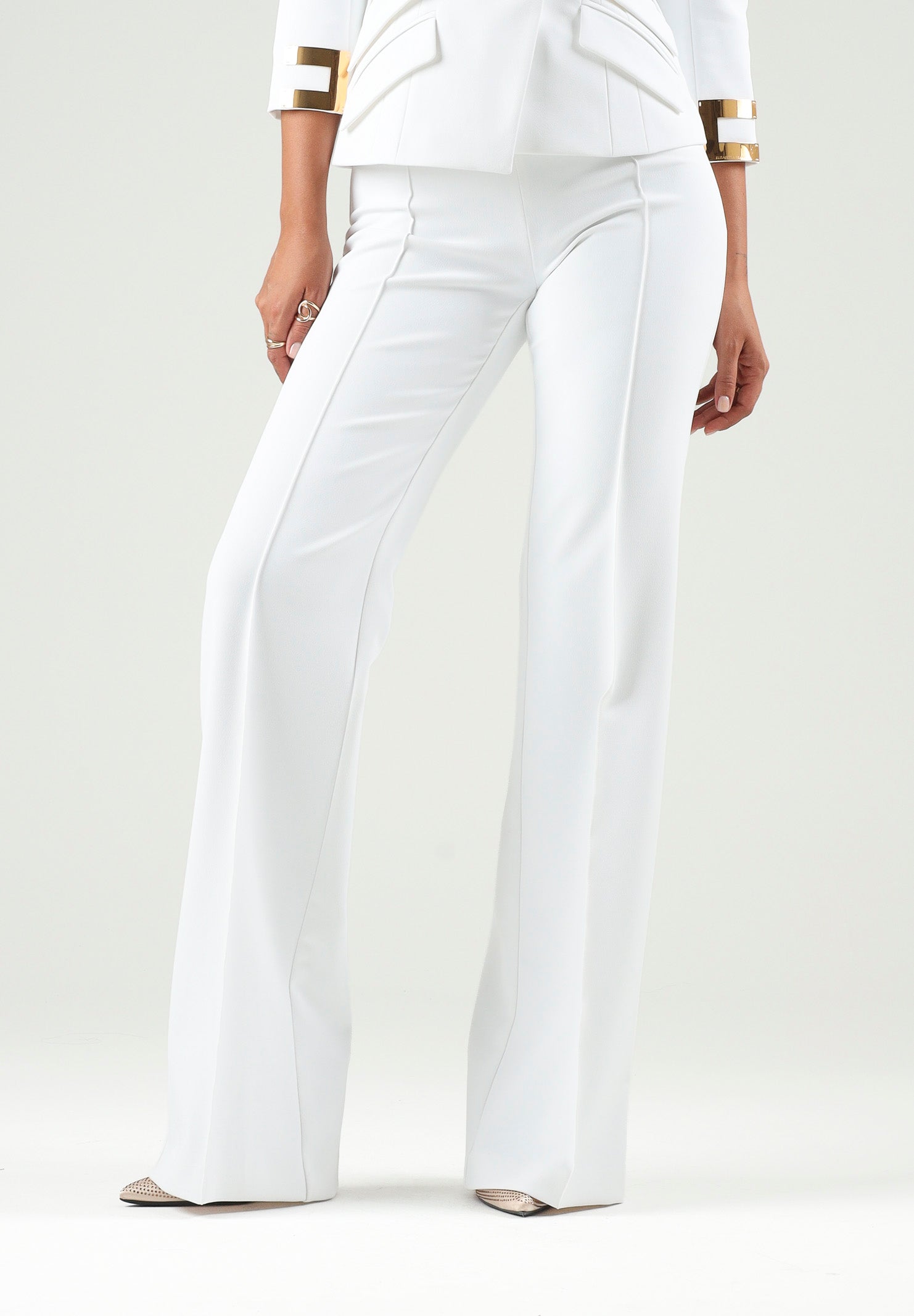 ELISABETTA FRANCHI Pantalone IN DOPPIO CRÊPE STRETCH avorio da donna con morsetto logo PA19666E2 360 ELISABETTA FRANCHI