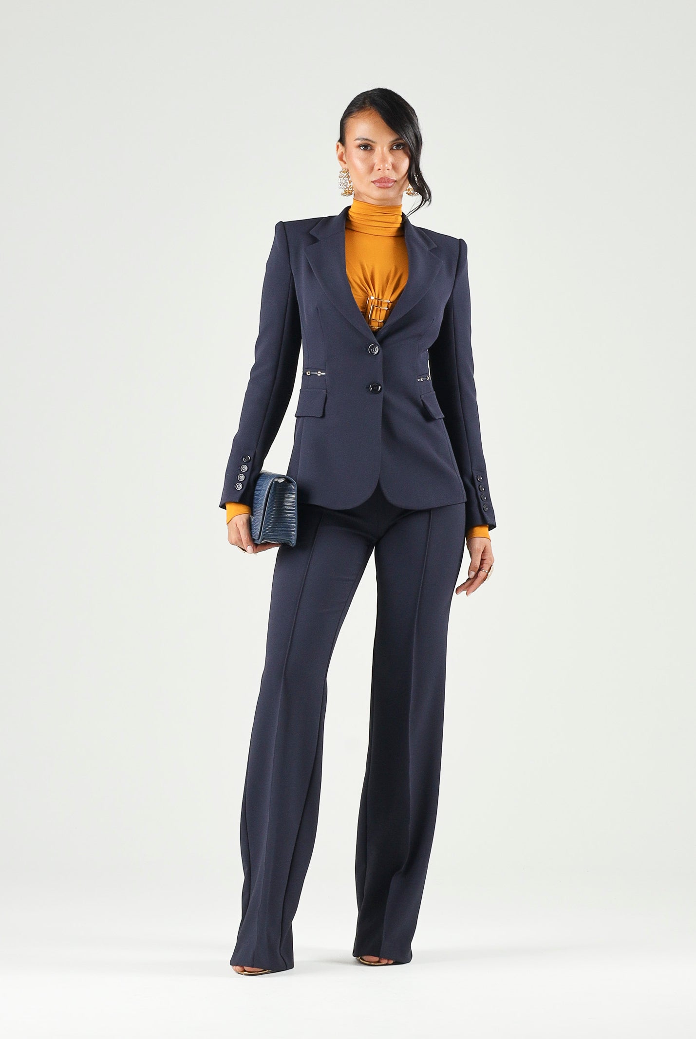 ELISABETTA FRANCHI Pantalone IN DOPPIO CRÊPE STRETCH blu notte da donna con morsetto logo PA19666E2 H88 ELISABETTA FRANCHI