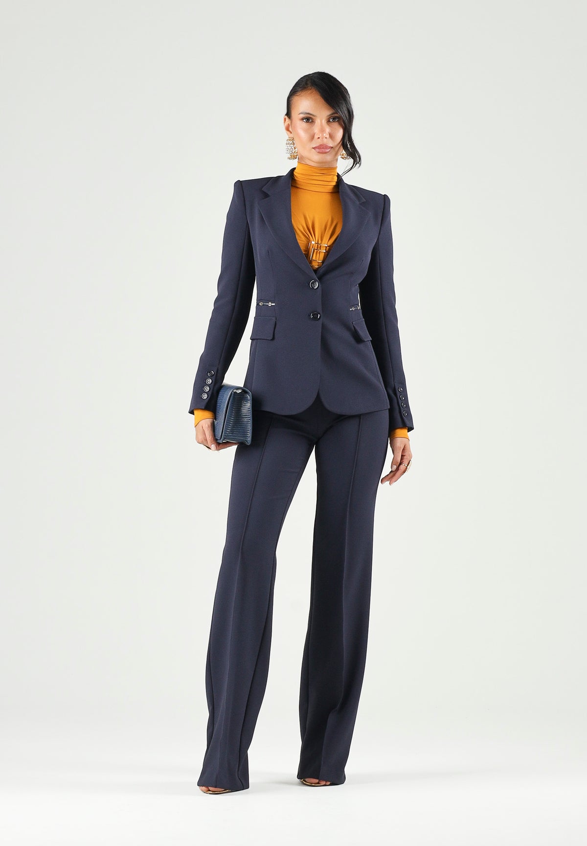 ELISABETTA FRANCHI Pantaloni IN DOPPIO CRÊPE STRETCH blu notte da donna con morsetto logo PA19666E2 H88 ELISABETTA FRANCHI