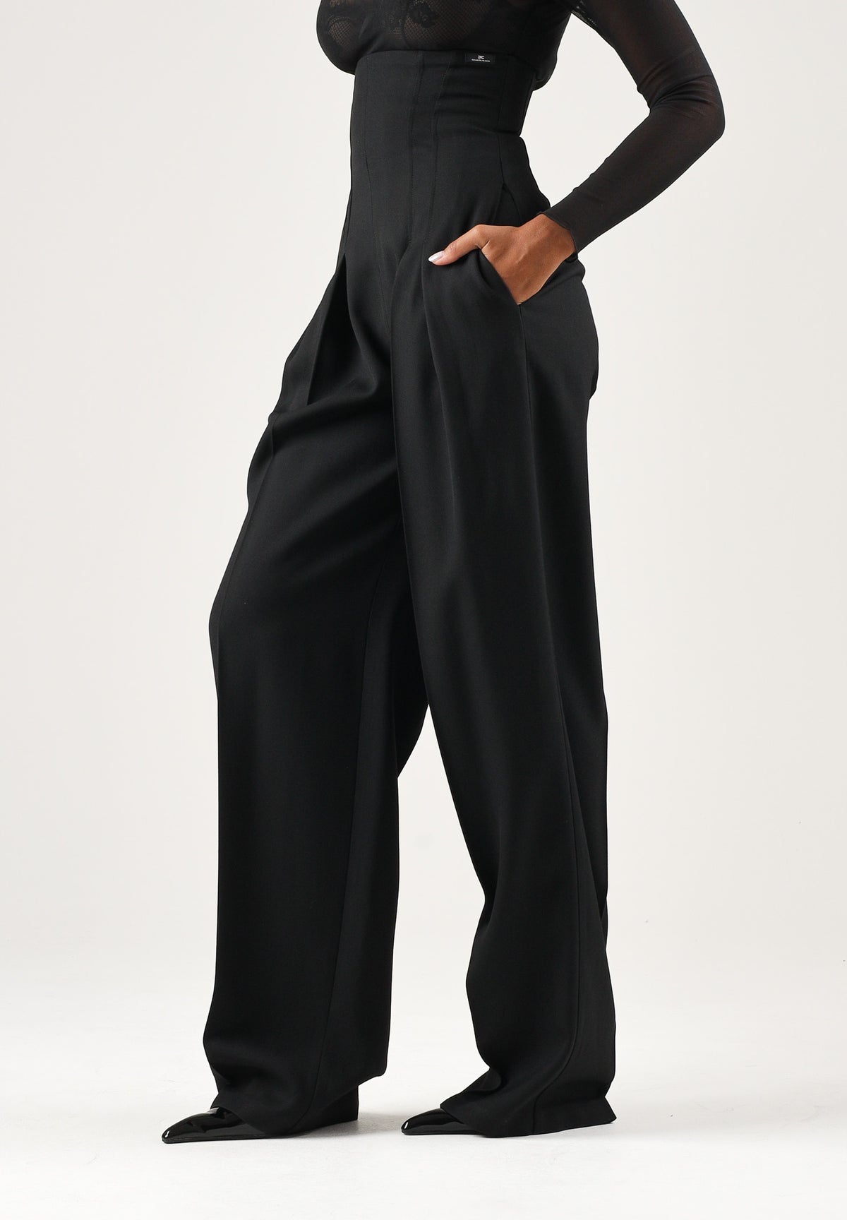 ELISABETTA FRANCHI Pantaloni in gabardina fluida neri per donna con vita alta, costruzione bustier PA22267E2 110 ELISABETTA FRANCHI