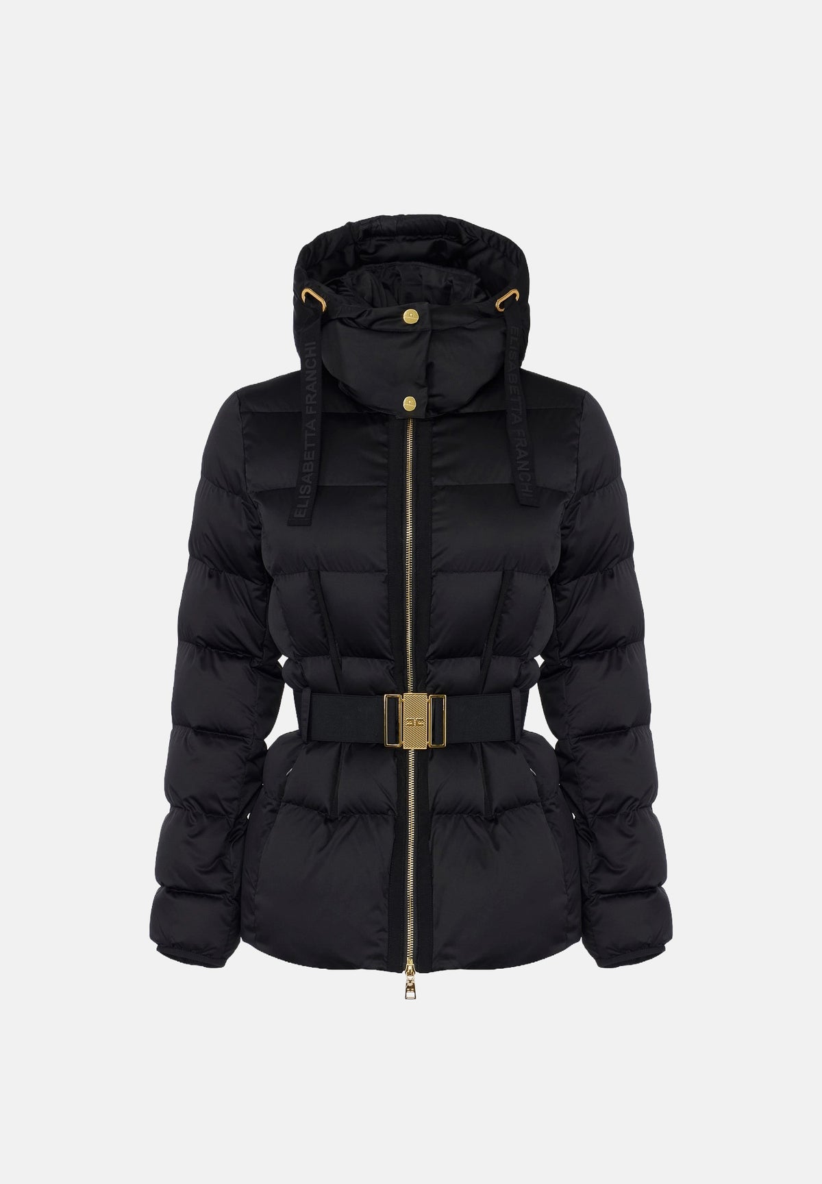 ELISABETTA FRANCHI Piumino nero da donna con cappuccio e cintura in vita. PI92D66E2 110 ELISABETTA FRANCHI