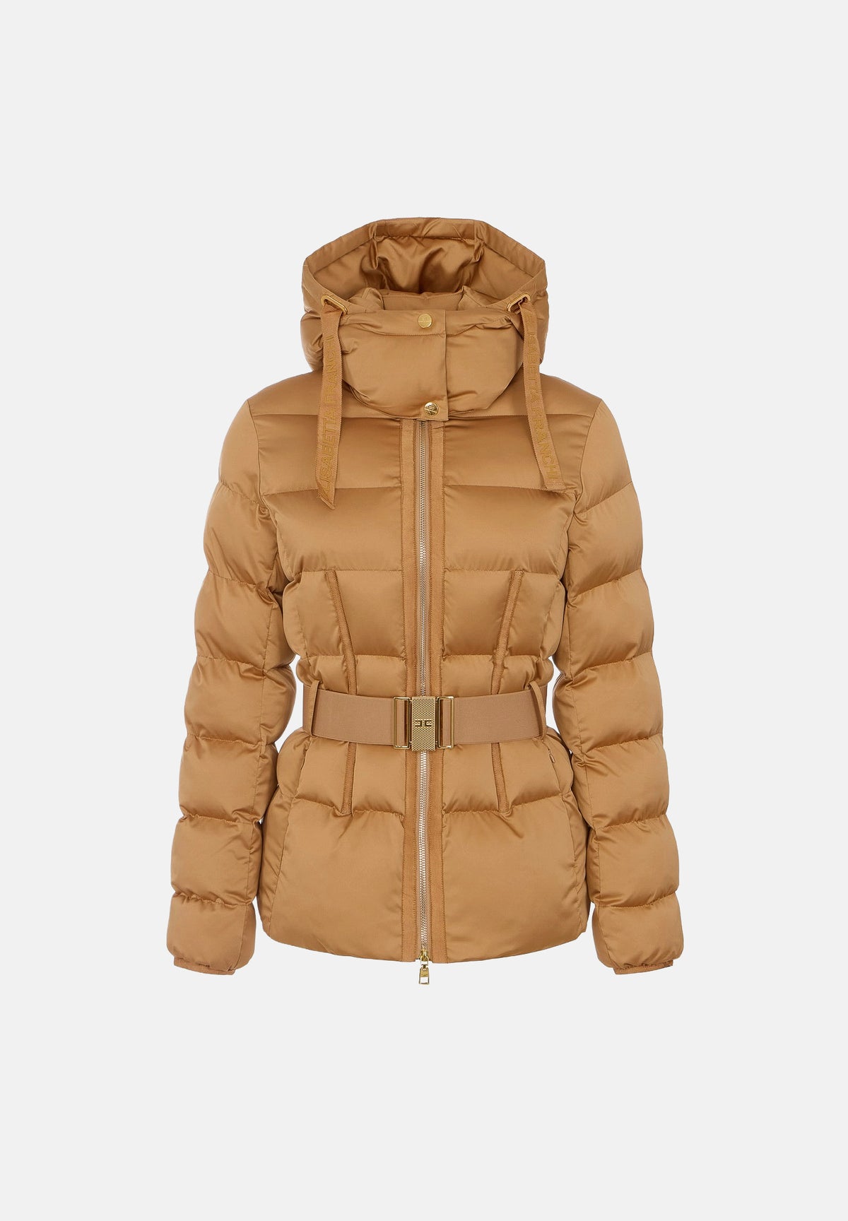 ELISABETTA FRANCHI Piumino daino-giallo ocra da donna con cappuccio e cintura in vita. PI92D66E2 AI6 ELISABETTA FRANCHI