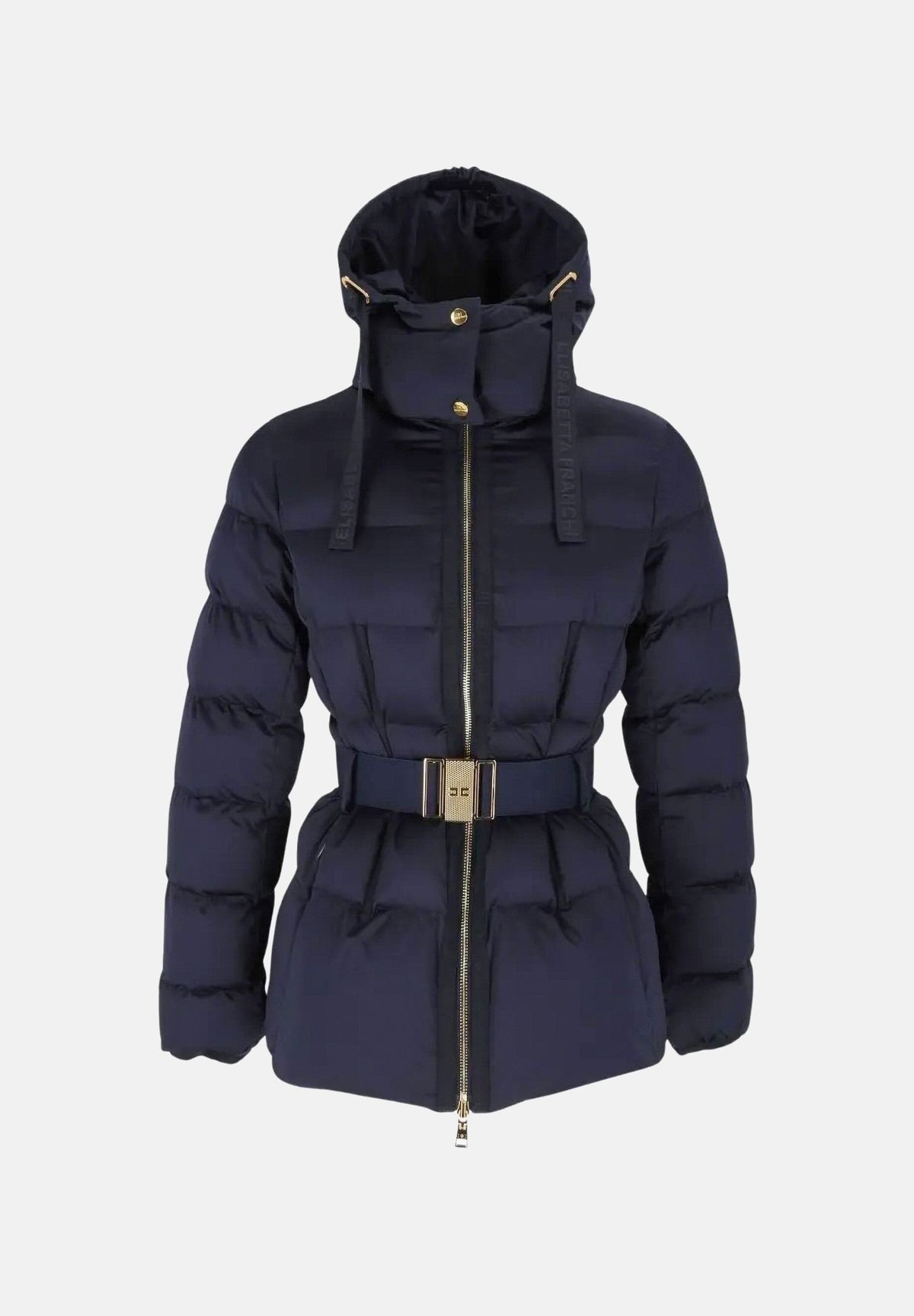 ELISABETTA FRANCHI Piumino blu notte da donna con cappuccio e cintura in vita. PI92D66E2 H88 ELISABETTA FRANCHI