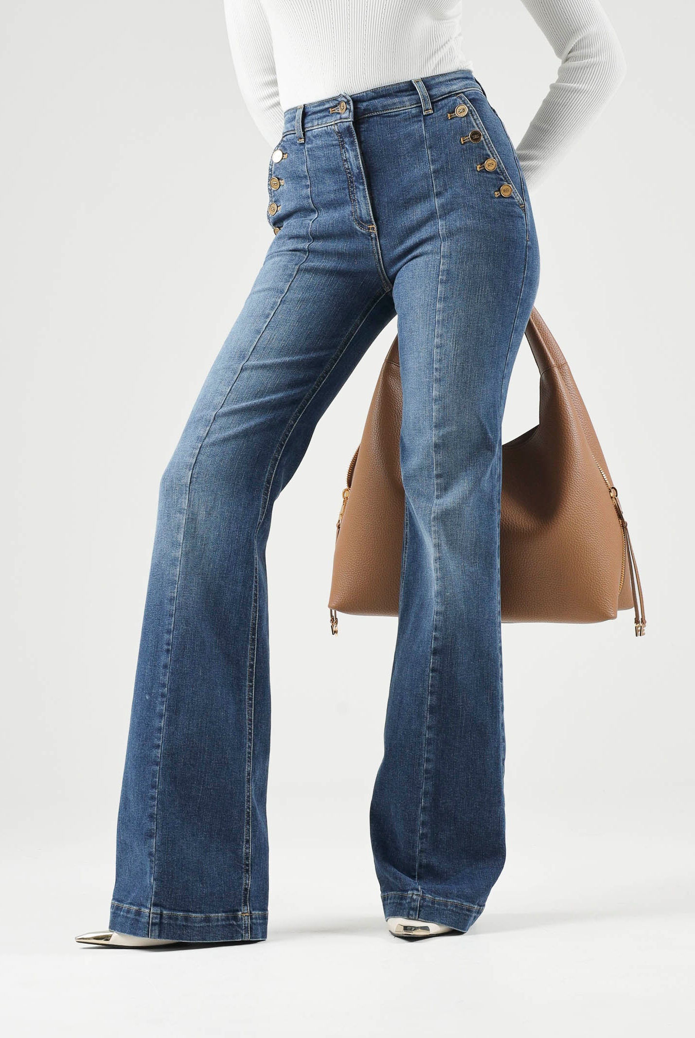 ELISABETTA FRANCHI Jeans a palazzo navy-vintage-blu, da donna con bottoniera laterale <BR/> PJ12D66E2 139 ELISABETTA FRANCHI