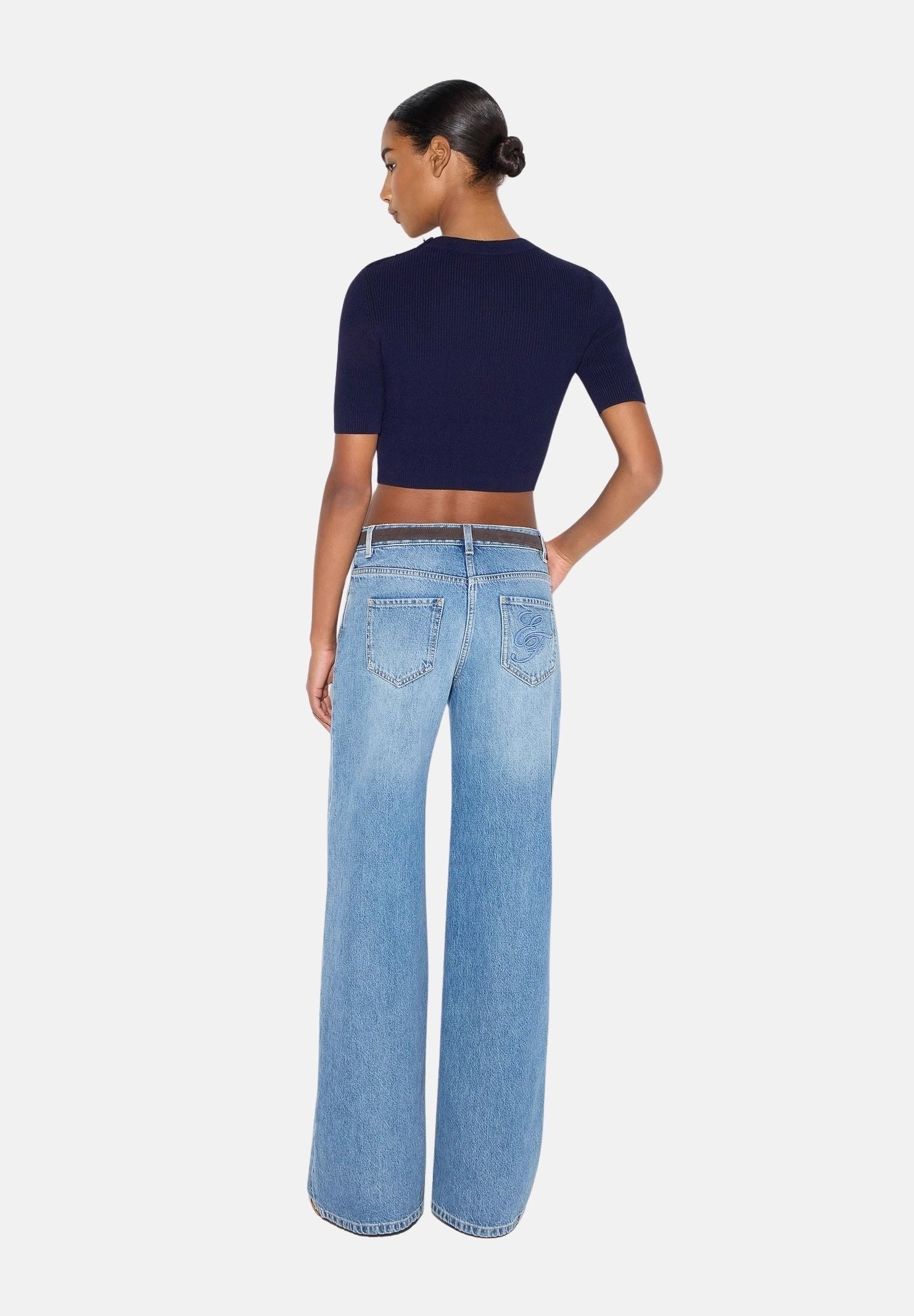 ELISABETTA FRANCHI Jeans a palazzo in denim blu da donna con effetto vintage e gamba ampia. PJ20N66E2 139 ELISABETTA FRANCHI
