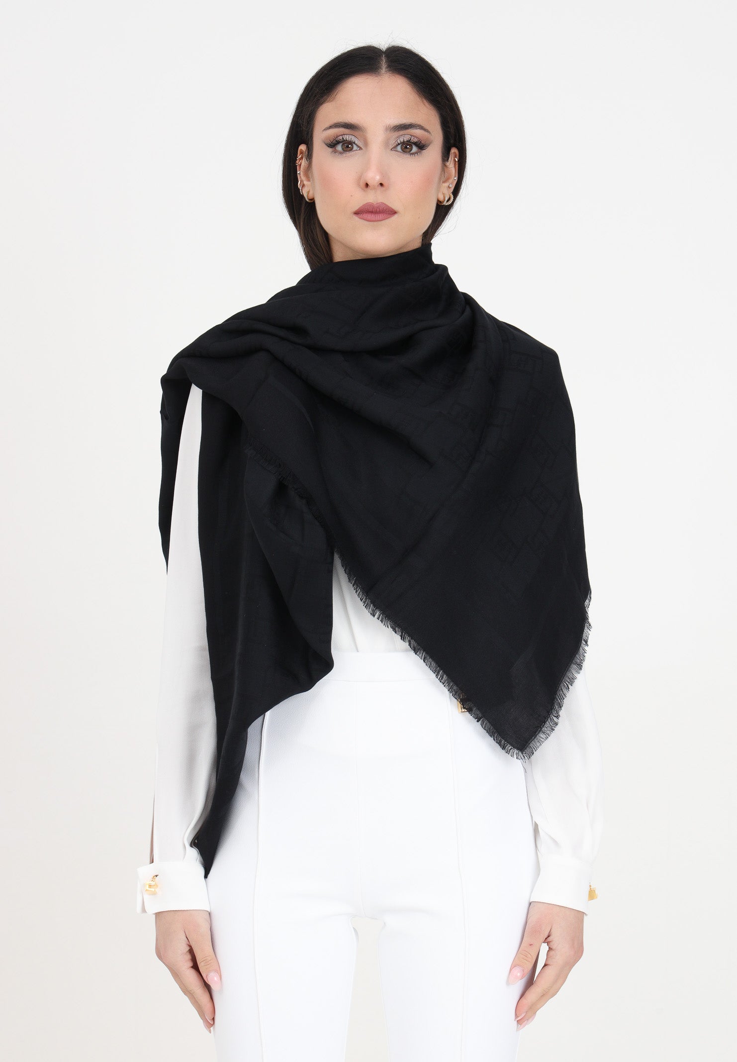 ELISABETTA FRANCHI Pashmina nera da donna con un elegante motivo jacquard del logo SC03F41E2 110 ELISABETTA FRANCHI