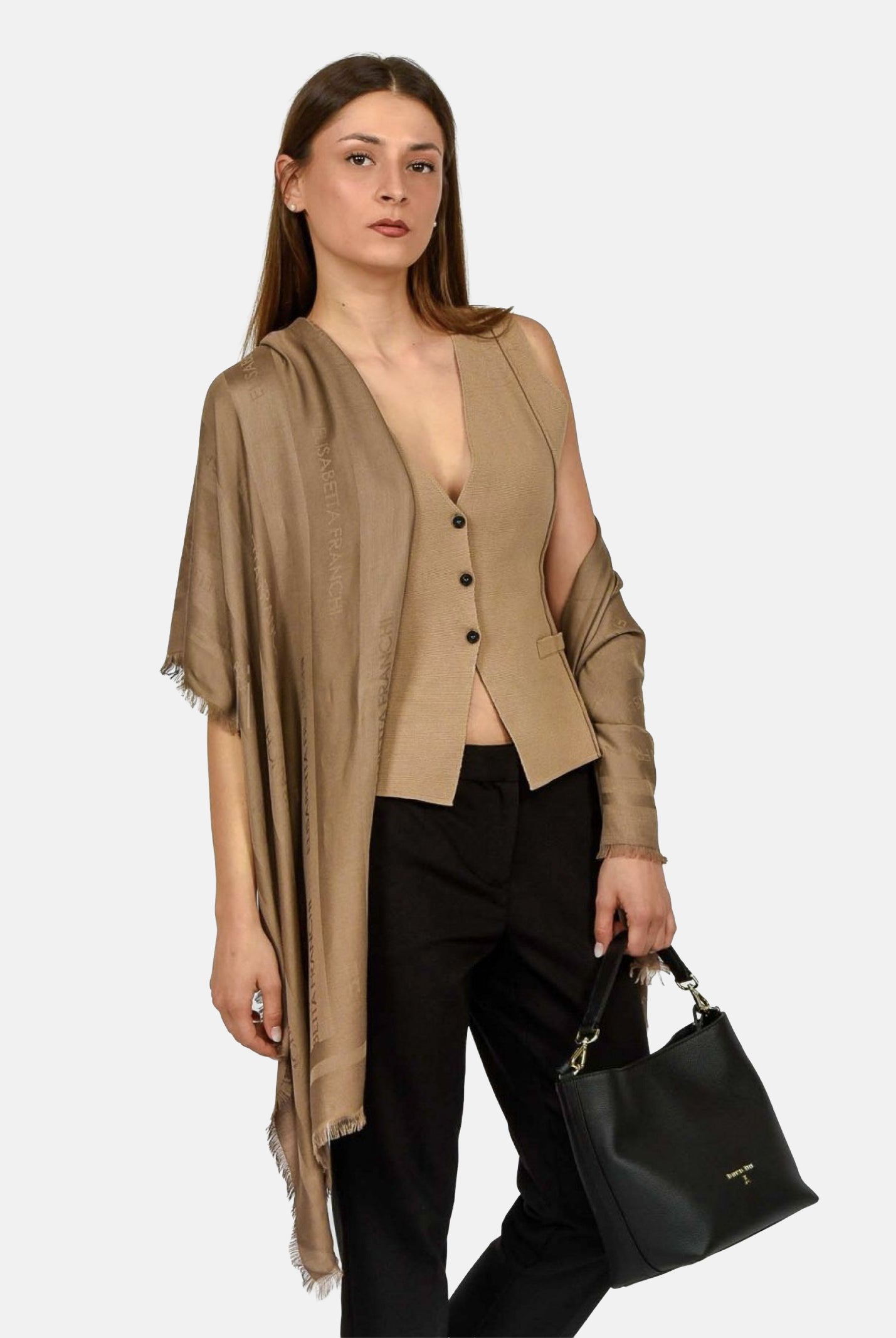 ELISABETTA FRANCHI Pashmina argilla da donna con logo SC14F61E2 229 ELISABETTA FRANCHI