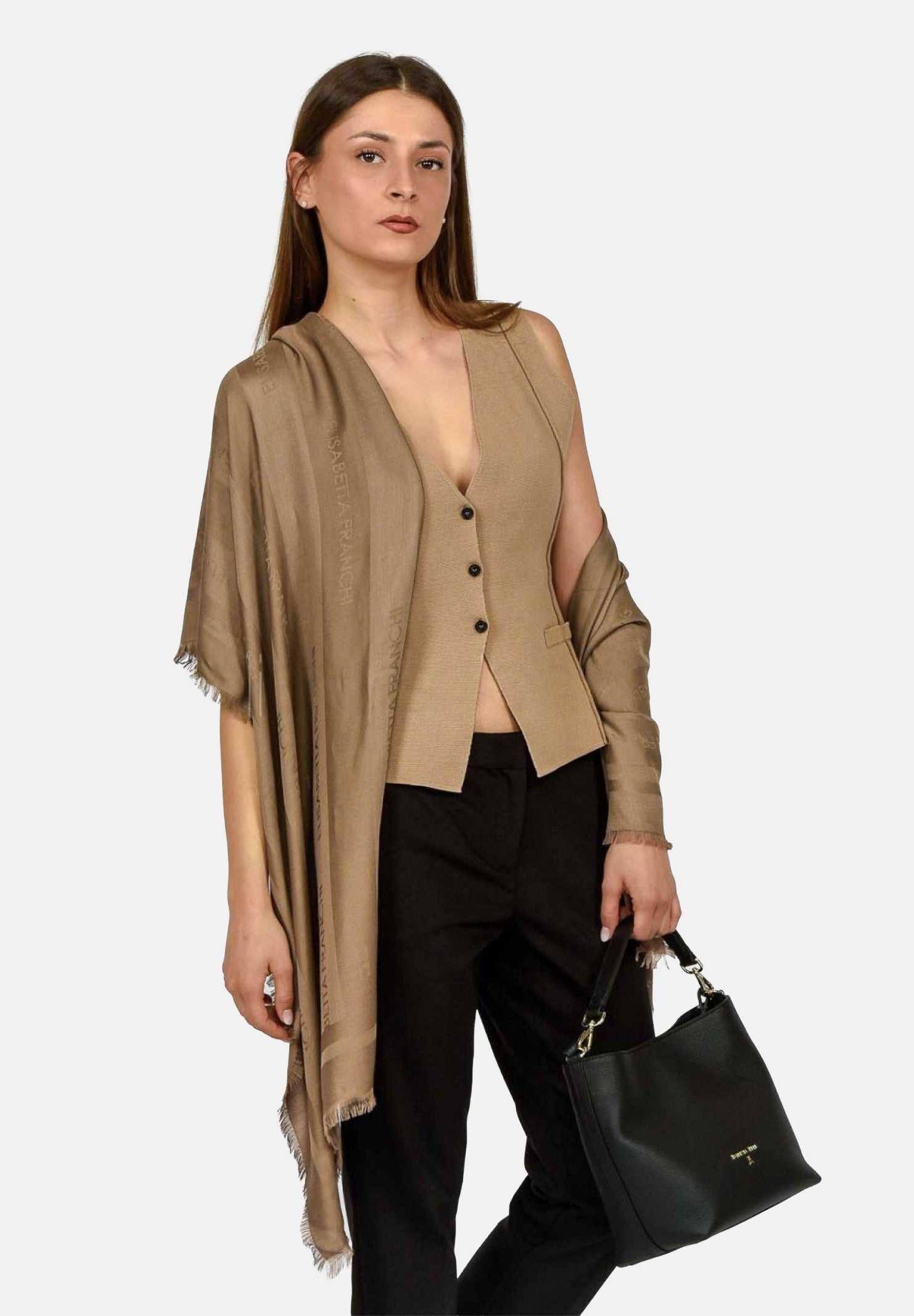 ELISABETTA FRANCHI Pashmina argilla da donna con logo SC14F61E2 229 ELISABETTA FRANCHI