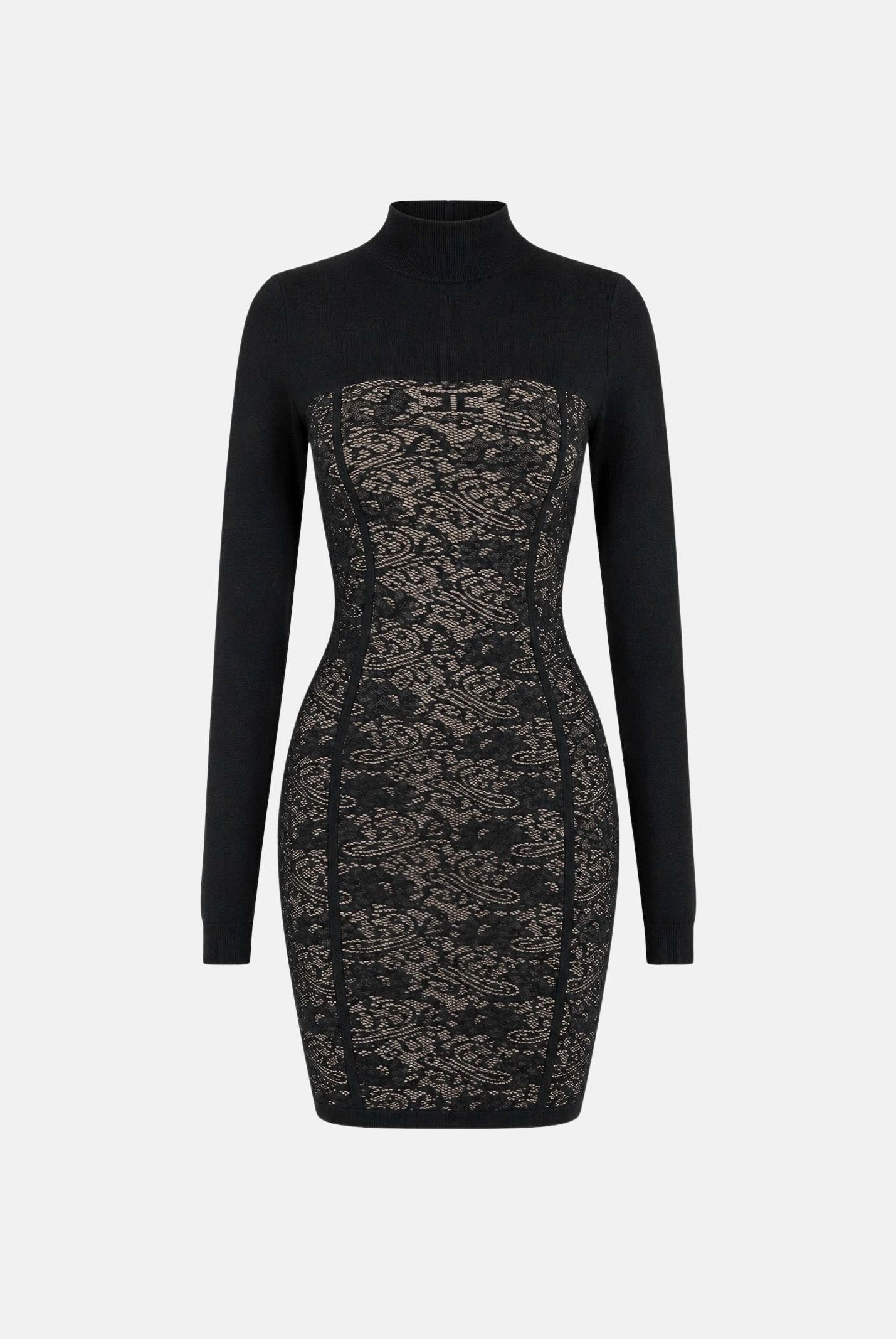 ELISABETTA FRANCHI Abito JACQUARD nero pelle da donna con motivo floreale e dettagli semitrasparenti. AM27Q66E2 FR9 ELISABETTA FRANCHI