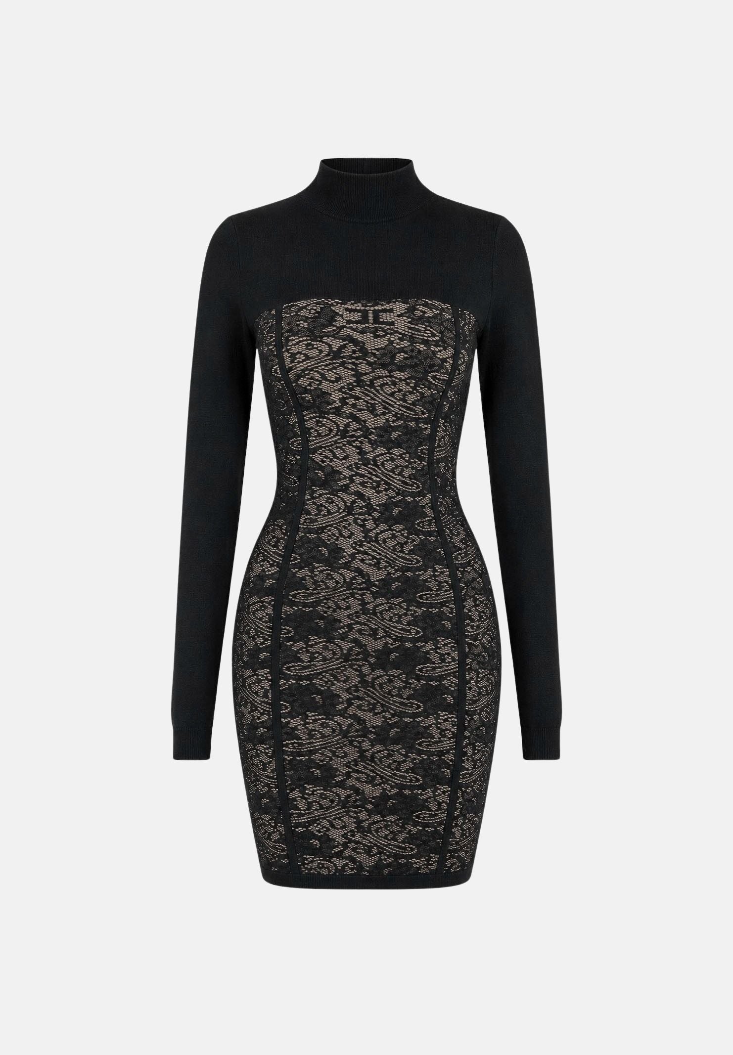 ELISABETTA FRANCHI Abito JACQUARD nero pelle da donna con motivo floreale e dettagli semitrasparenti. AM27Q66E2 FR9 ELISABETTA FRANCHI